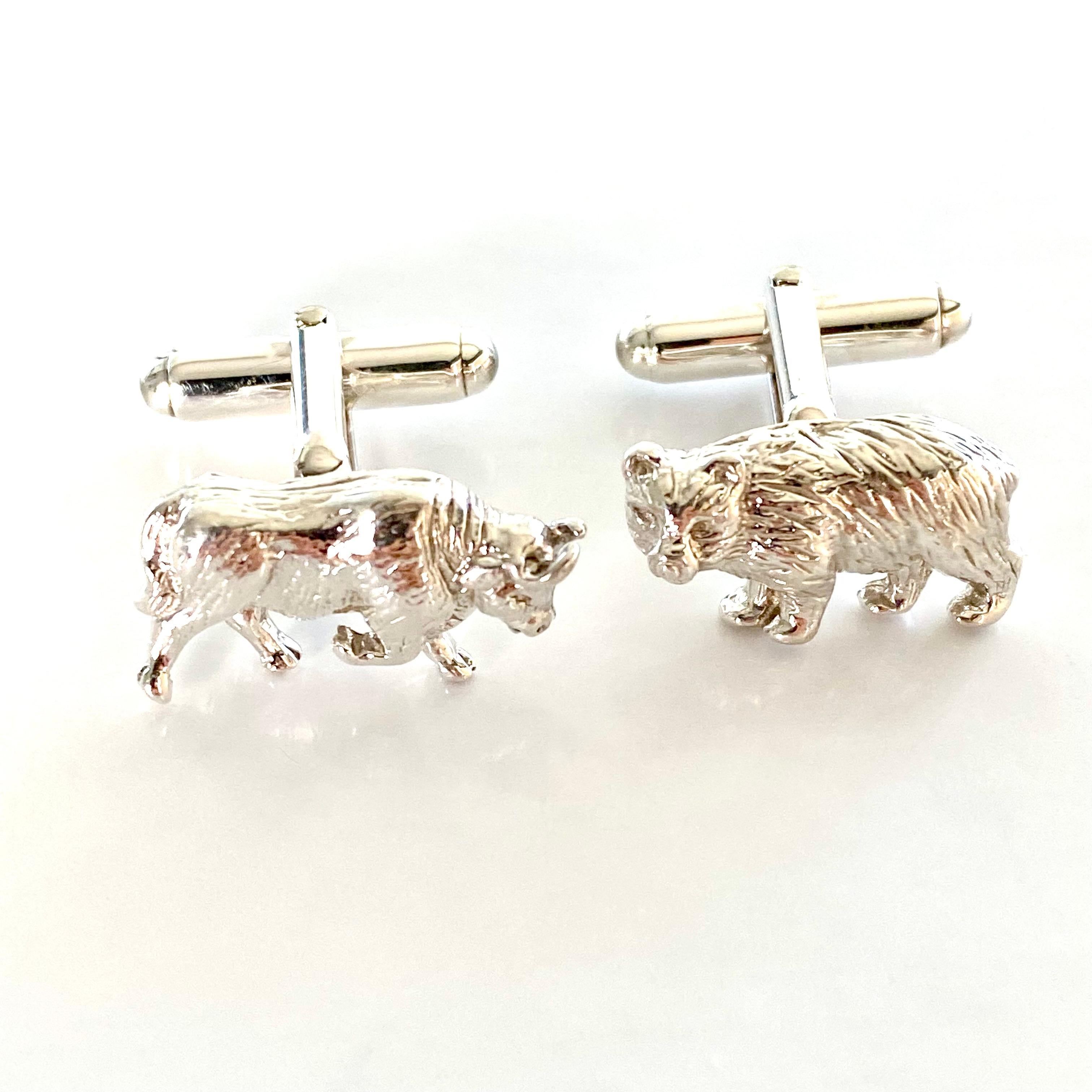 Tiffany Co VIntage Bear and Bull Sterling Silver One Inch Cufflinks  2