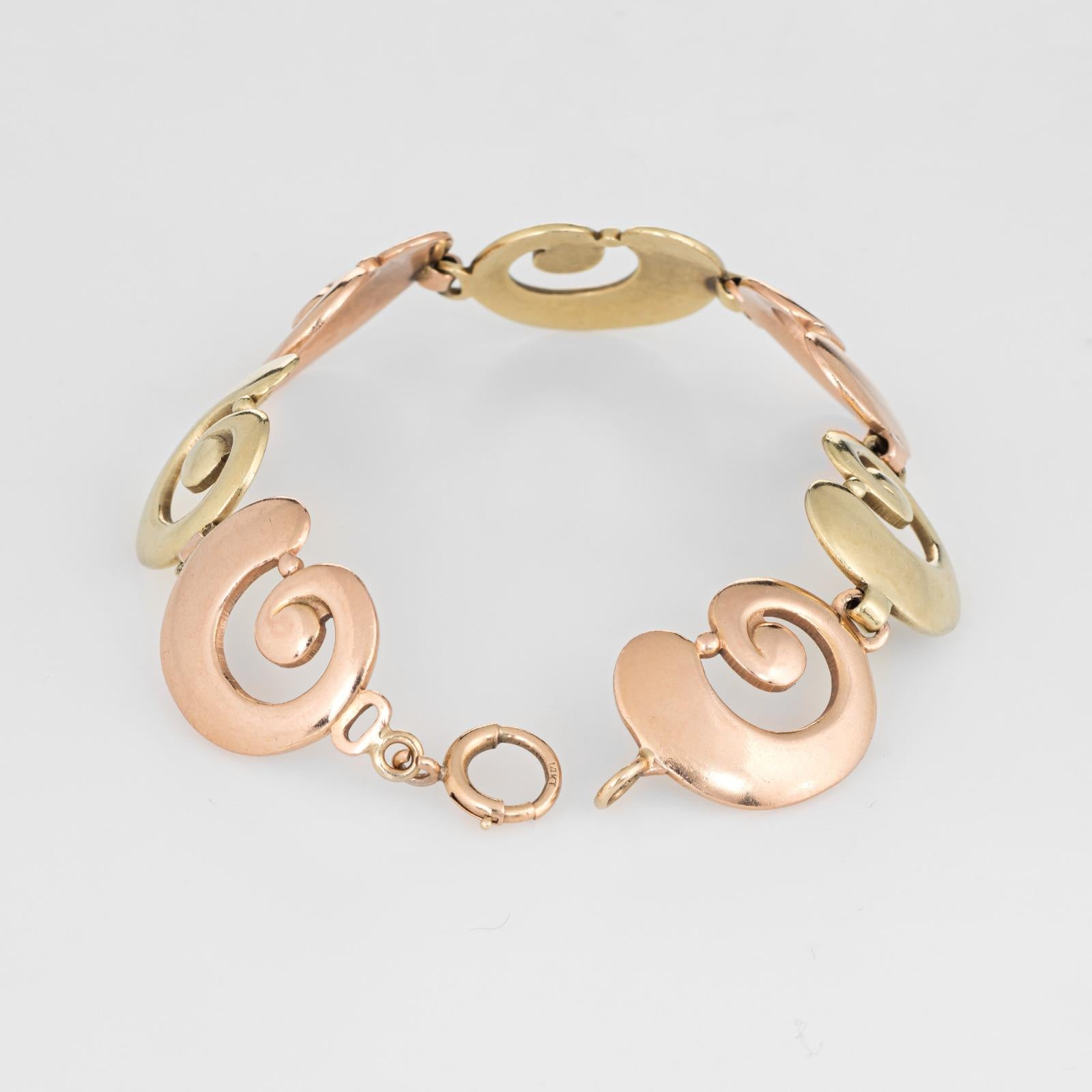 Stylish vintage Tiffany & Co bracelet crafted in 14k rose & yellow gold. 

'Swirl' style links (also resembles a snail shell) alternate in rose and yellow gold. The 17mm wide links (0.66 inches) make a great statement on the wrist.

The bracelet is