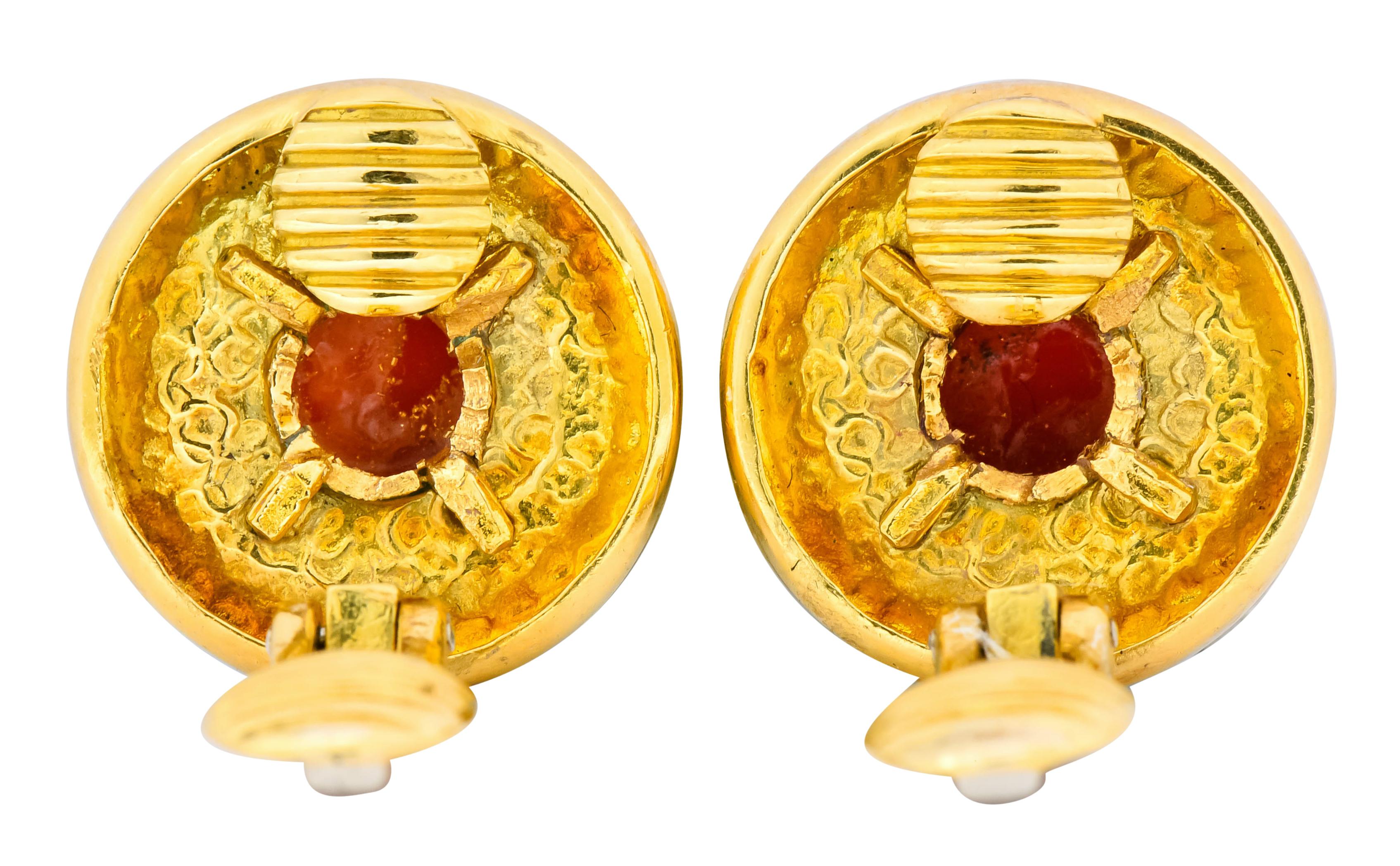 Women's or Men's Tiffany & Co. Vintage Carnelian Chrysoprase Circular Cabochon Ear-Clip Earrings