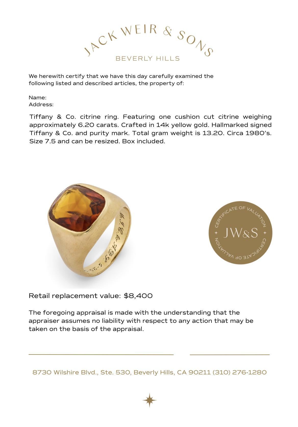 Tiffany & Co Vintage Citrin 14k Gelbgold Lünettenring im Angebot 1