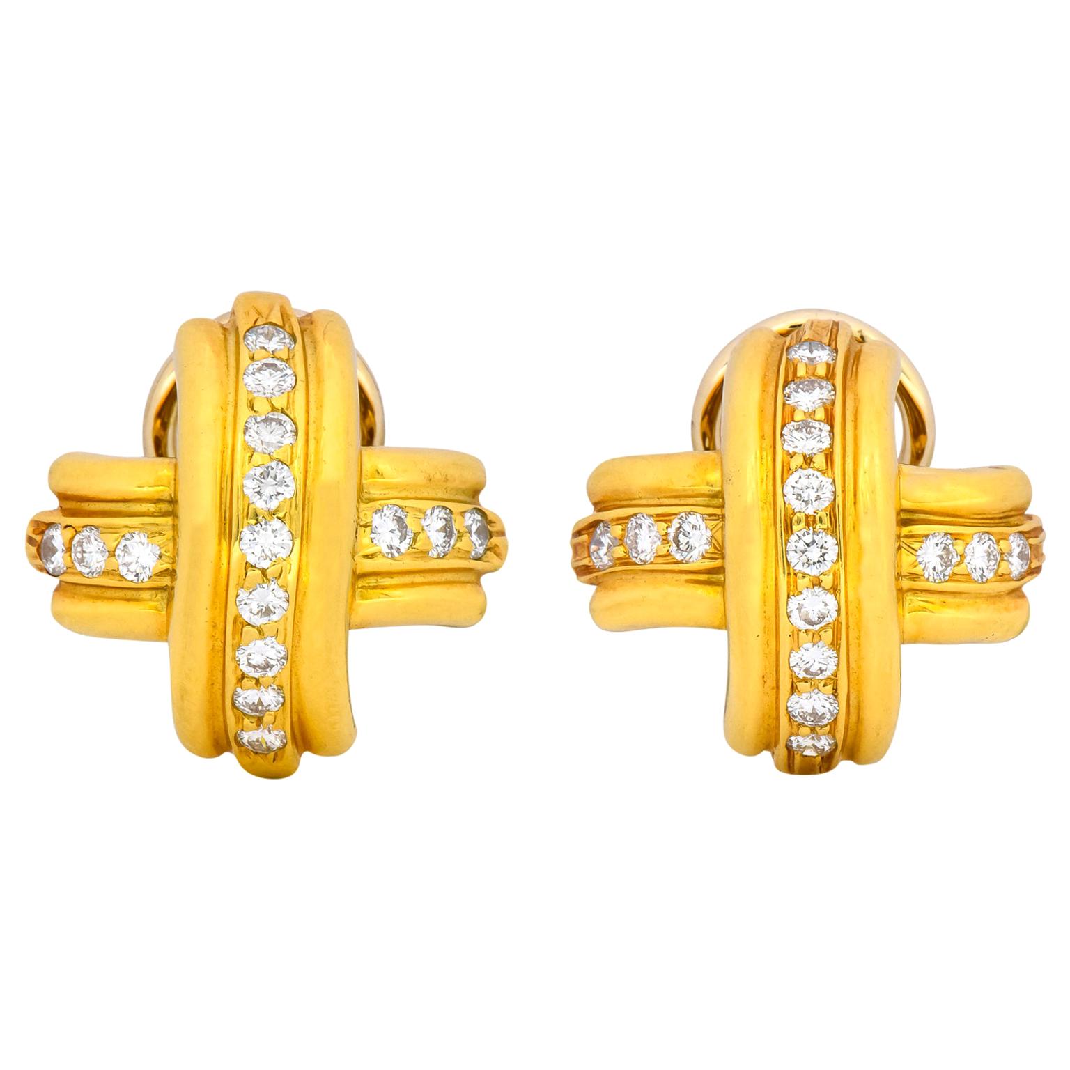Tiffany & Co. Vintage Diamond 18 Karat Gold Signature X Ear-Clips Earrings