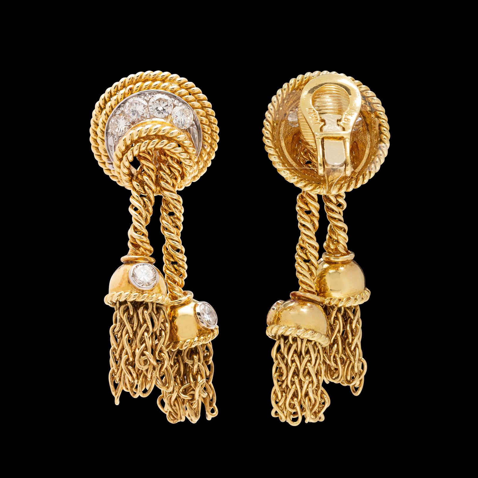 Round Cut Tiffany & Co. Vintage Diamond 18 Karat Gold Tassel Earrings For Sale