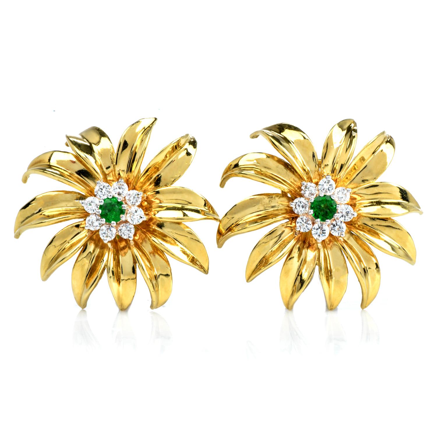 Highly polished and sparkly tropical flower clip earrings from the house of Tiffany & co.

Crafted in solid 18K Yellow Gold.

Each flower is adorned by (16) round cut diamonds, weighing collectively 1.50 carats (F-G color & VVS clarity) 

Centered
