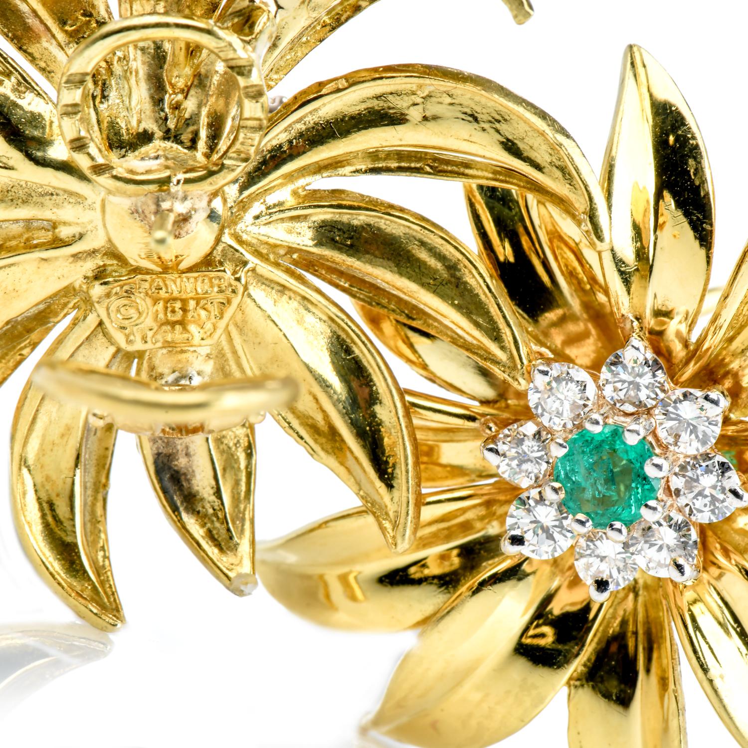 Tiffany & Co. Vintage Diamond Emerald 18k Yellow Gold Flower Clip-On Earrings  In Excellent Condition In Miami, FL