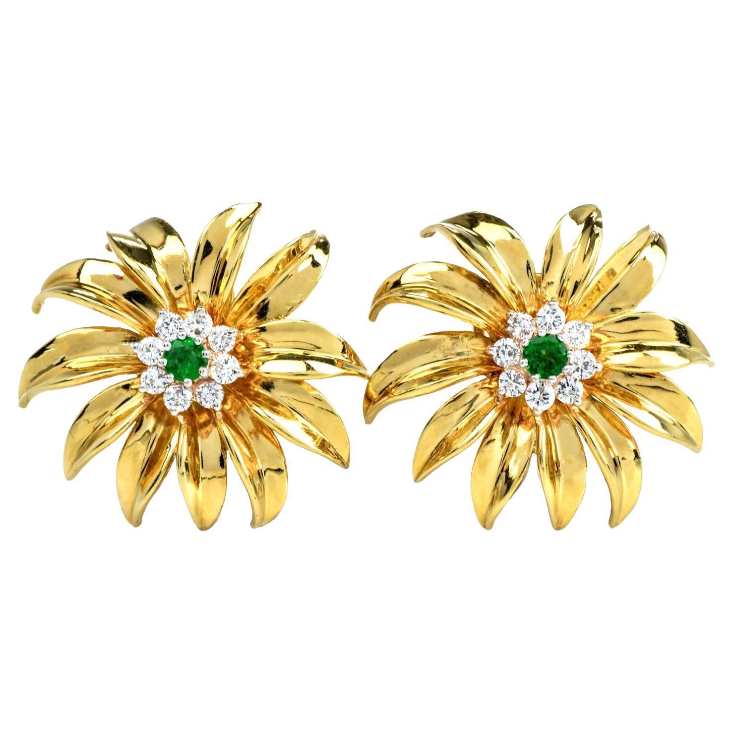 Tiffany & Co. Vintage Diamond Emerald 18k Yellow Gold Flower Clip-On Earrings 