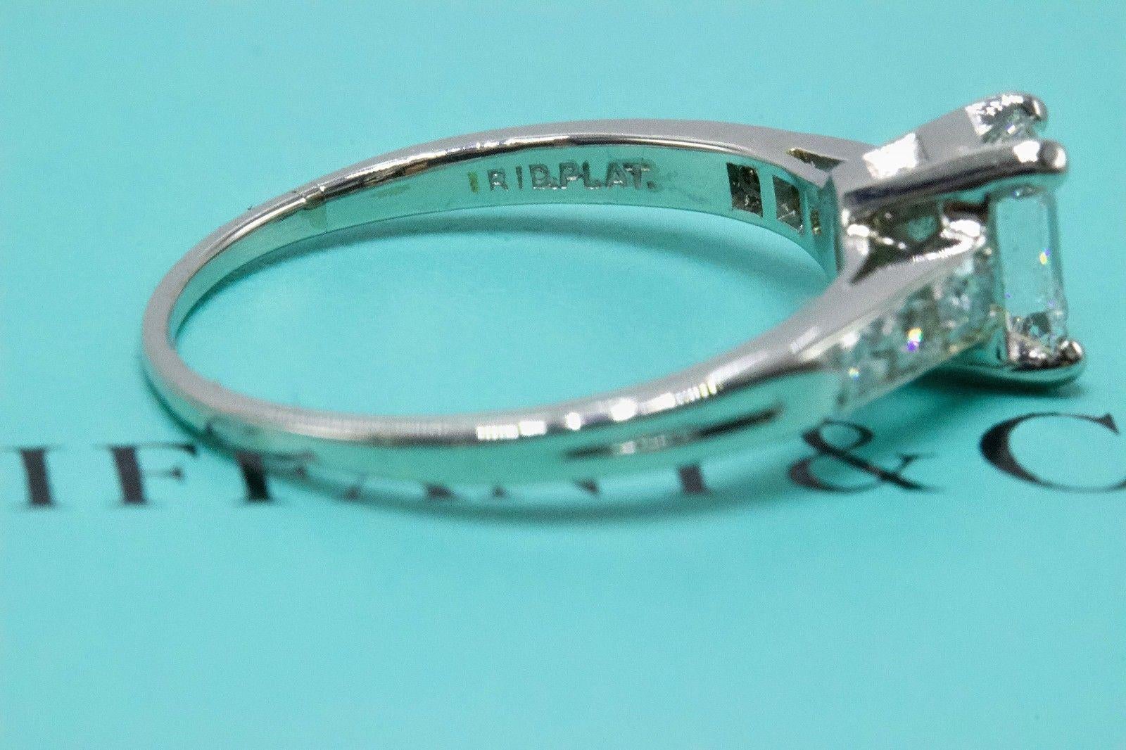 Women's Tiffany & Co Vintage Diamond Engagement Ring Emerald & Rounds 0.69 TCW Platinum 