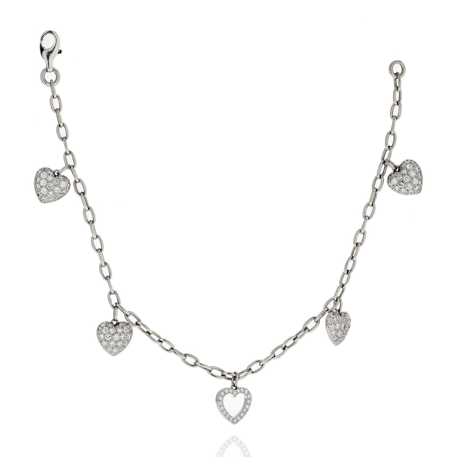 Round Cut Tiffany & Co Vintage Diamond Heart Chain Charm Platinum Bracelet