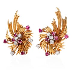 Tiffany & Co. Vintage Diamond Ruby 18K Gold Swirl Flower Clip-On Earrings
