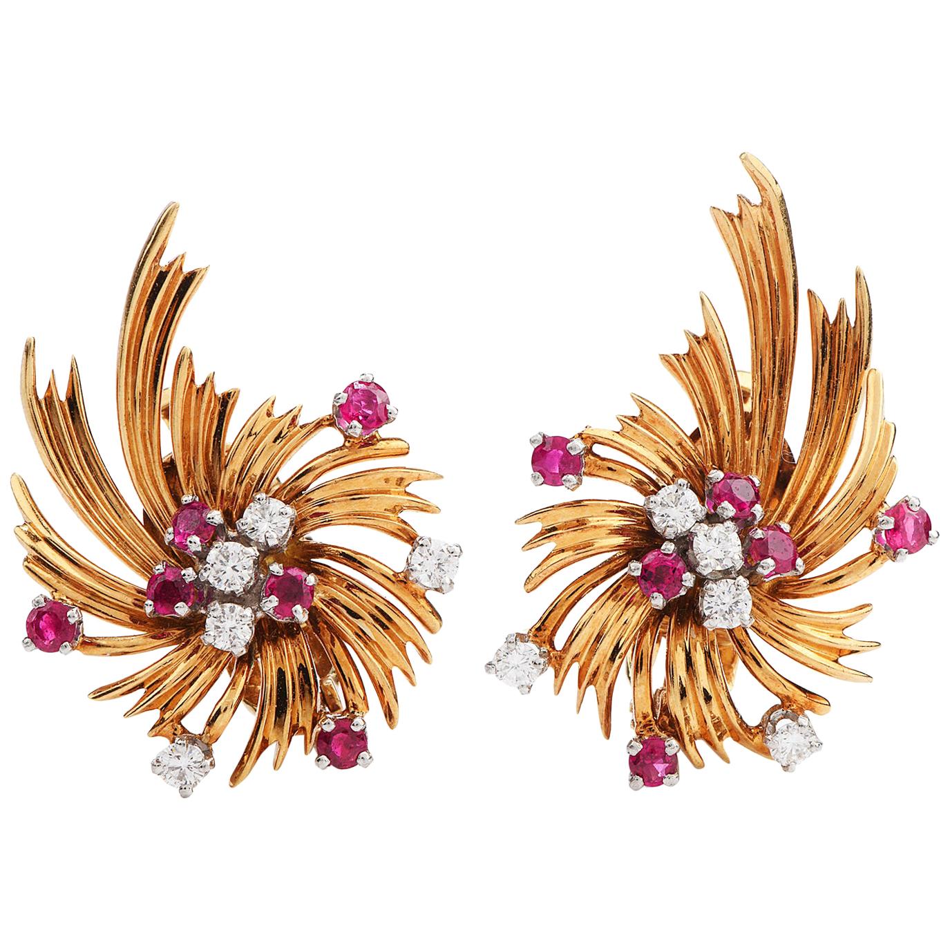 Tiffany & Co. Vintage Diamond Ruby 18K Gold Swirl Flower Clip-On Earrings