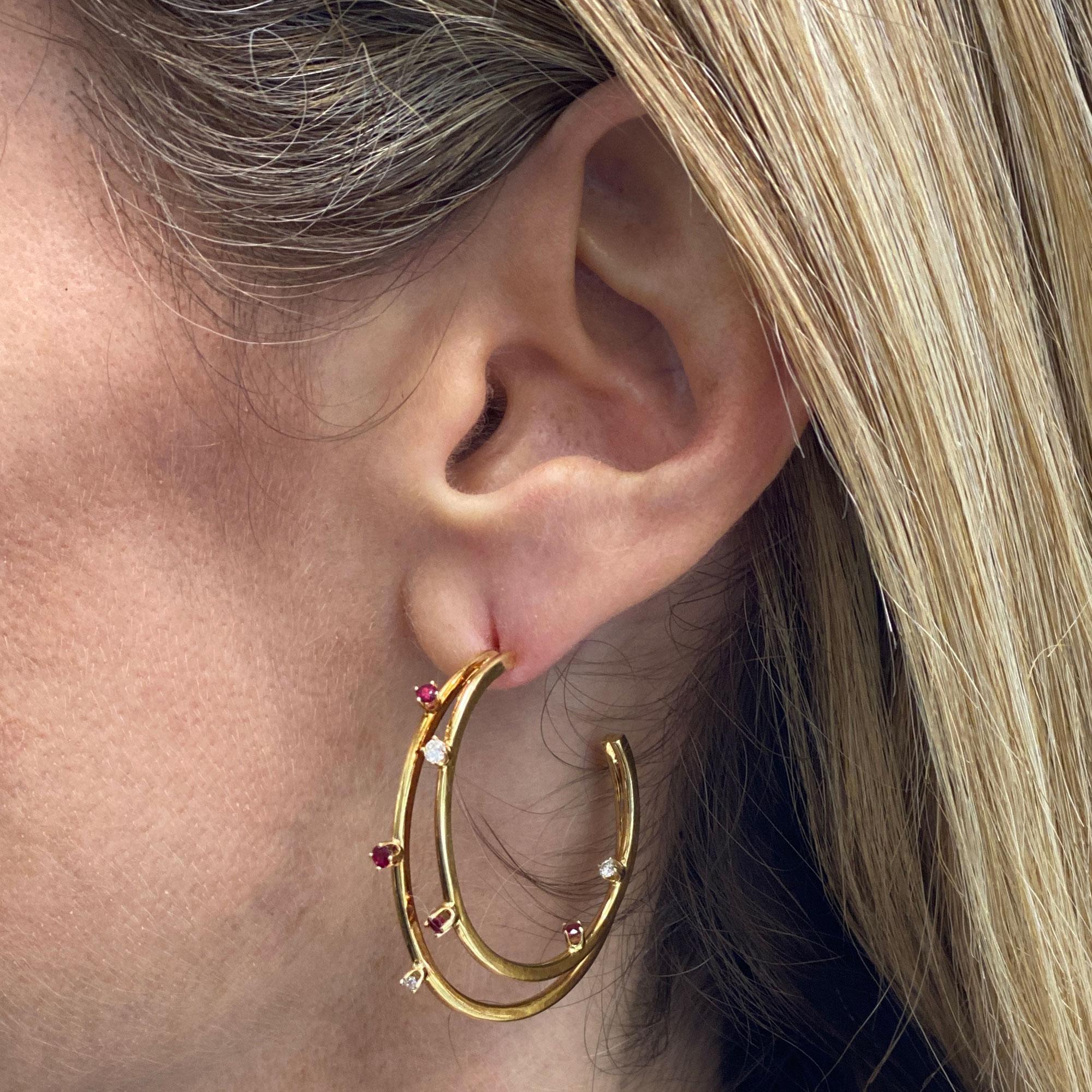 Round Cut Tiffany & Co. Vintage Diamond Ruby Double Hoop Earrings 18 Karat Yellow Gold