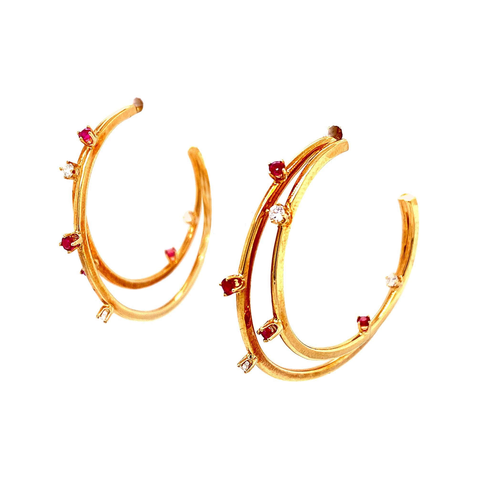 Tiffany & Co. Vintage Diamond Ruby Double Hoop Earrings 18 Karat Yellow Gold