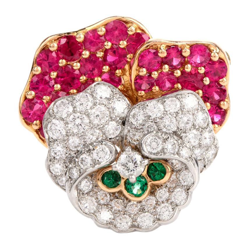 Tiffany & Co. Vintage Diamond Ruby Rose Flower Gold Platinum Brooch Pin