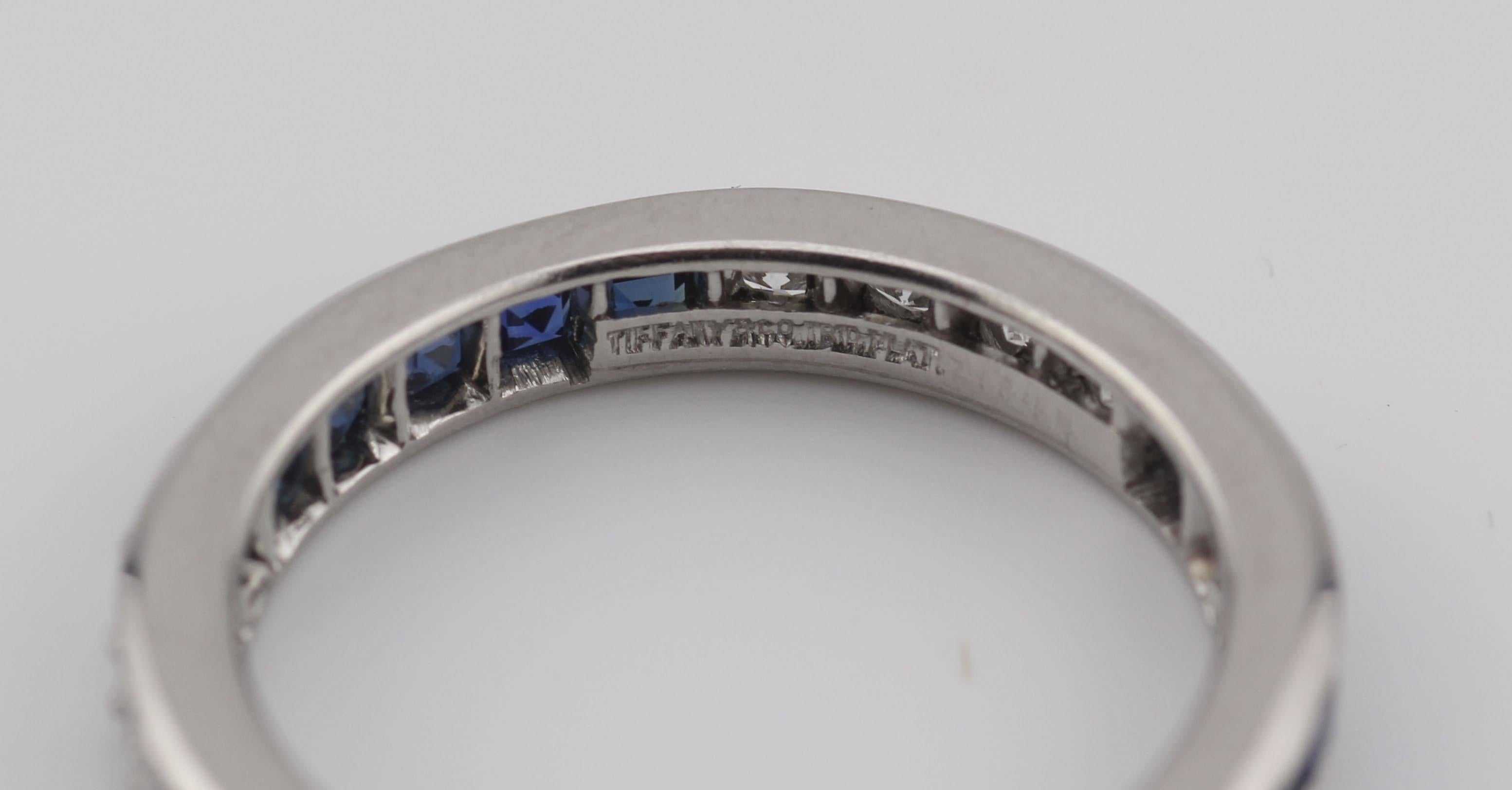 Tiffany & Co. Vintage Diamante Cuadrado Zafiro Platino Anillo de la Eternidad Tamaño 5.75 1