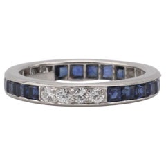 Tiffany & Co. Vintage Diamante Cuadrado Zafiro Platino Anillo de la Eternidad Tamaño 5.75