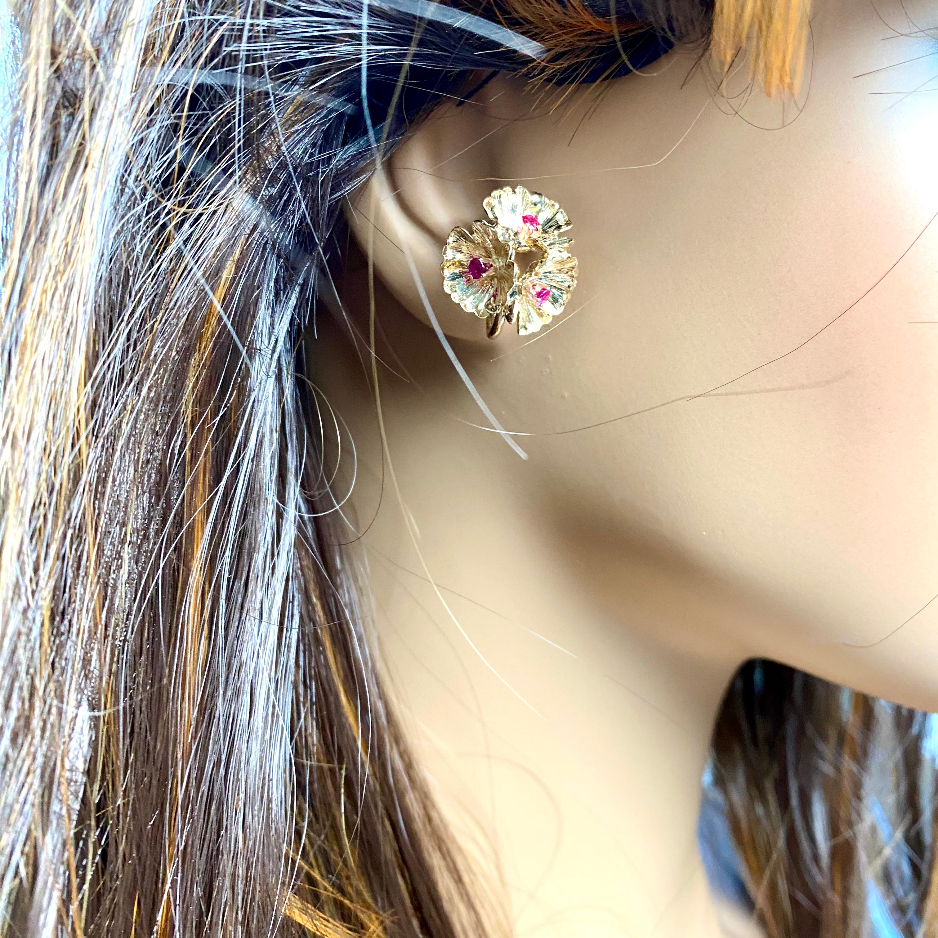 Tiffany Co Vintage Dogwood Blossoms Ruby Yellow Gold 0.80 Inch #1076 Earrings 3