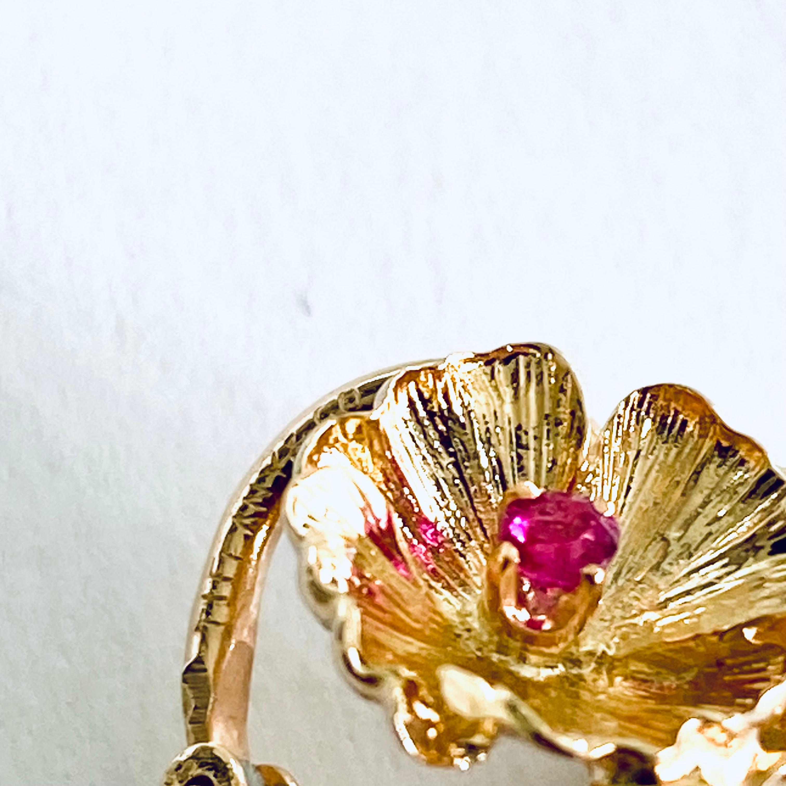 Tiffany Co Vintage Dogwood Blossoms Ruby Yellow Gold 0.80 Inch #1076 Earrings 4