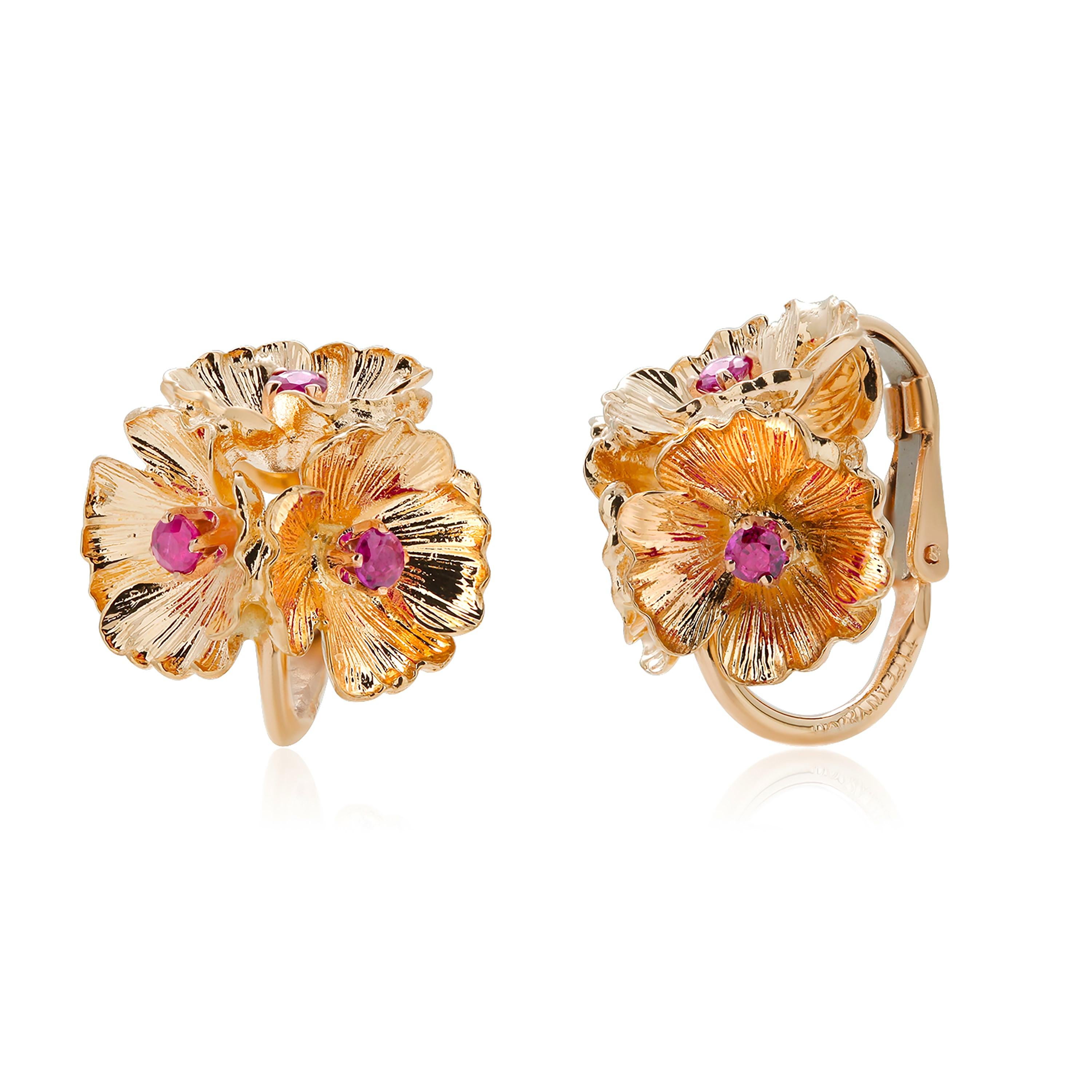 Tiffany Co Vintage Dogwood Blossoms Ruby Yellow Gold 0.80 Inch #1076 Earrings 2