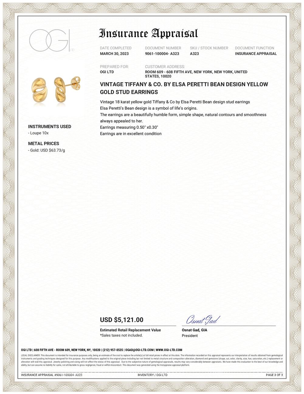 Tiffany Co Vintage Elsa Peretti  Pendientes de diseño de oro de 18 quilates de 0,50 pulgadas Contemporáneo en venta