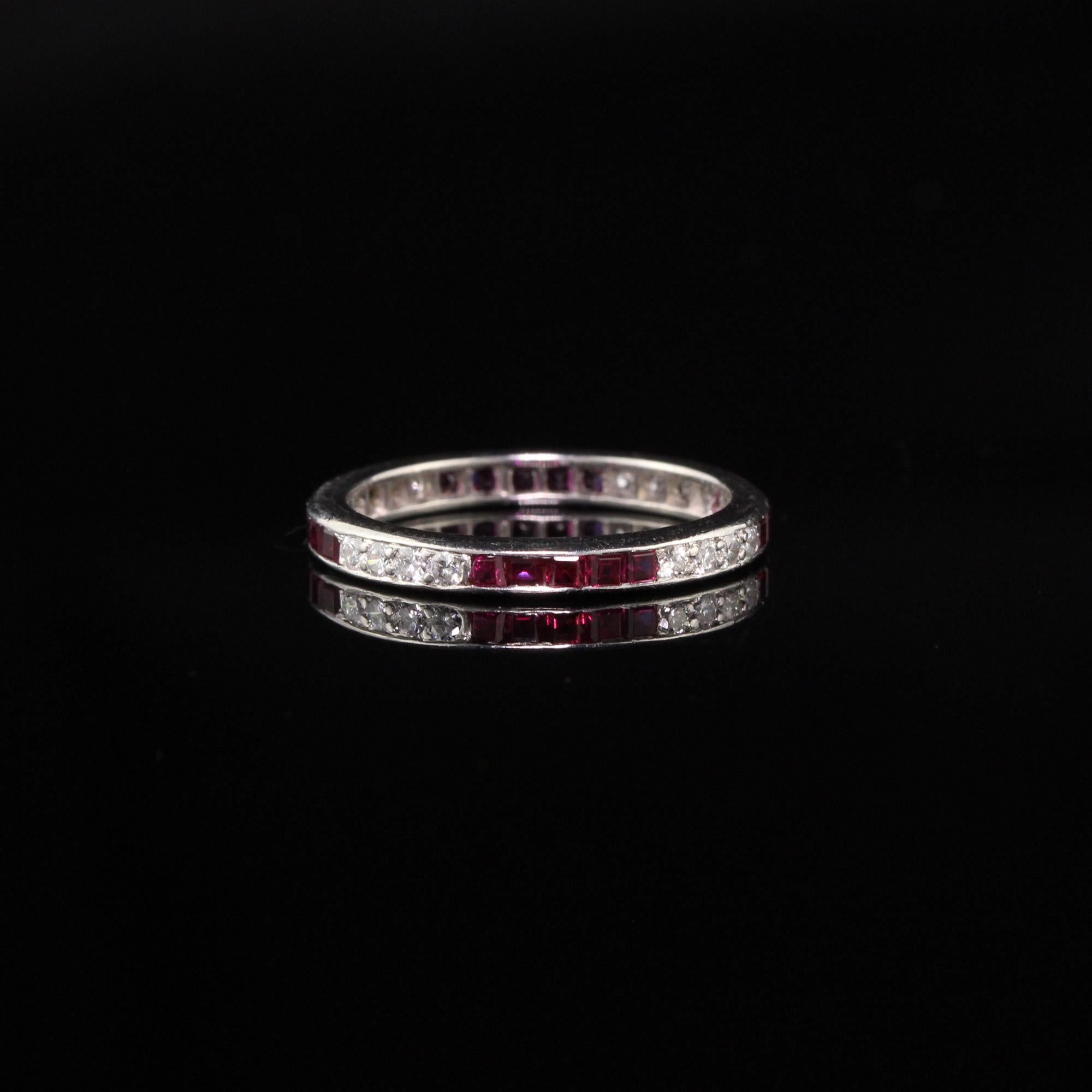 Tiffany & Co. Vintage Estate Platinum Diamond and Ruby Wedding Band In Good Condition In Great Neck, NY
