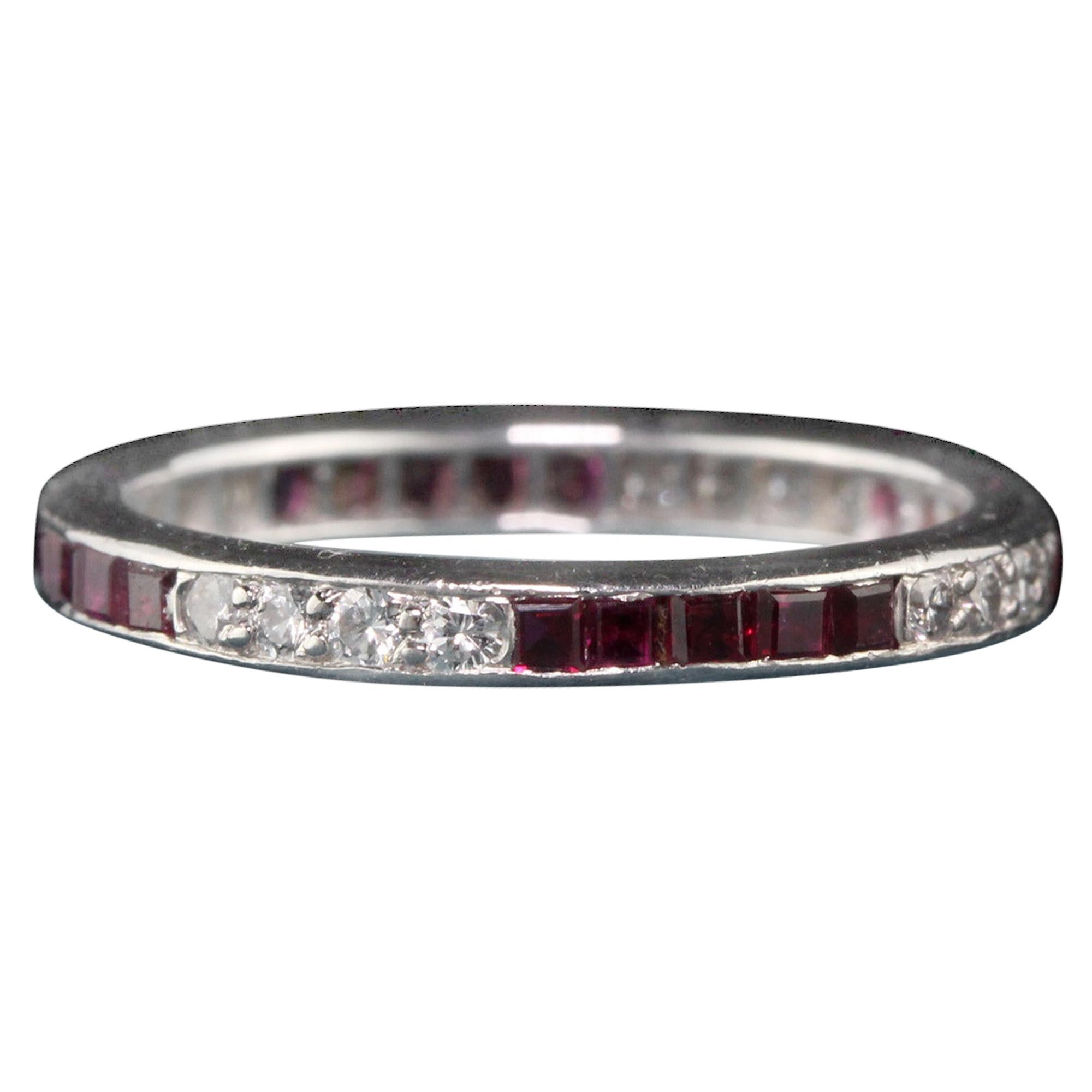 Tiffany and Co. Vintage Estate Platinum Diamond and Ruby Wedding Band