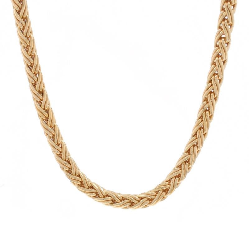 Brand: Tiffany & Co.
Era: Vintage

Metal Content: 14k Yellow Gold

Chain Style: Fancy Wheat
Necklace Style: Chain
Fastening Type: Tab Box Clasp with One Side Safety Clasp

Measurements

Length: 16