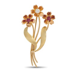 Tiffany & Co. Vintage Flower Brooch 14K Yellow Gold Diamond and Ruby
