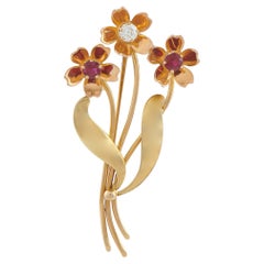 Tiffany & Co. Vintage Flower Brooch 14K Yellow Gold Diamond and Ruby