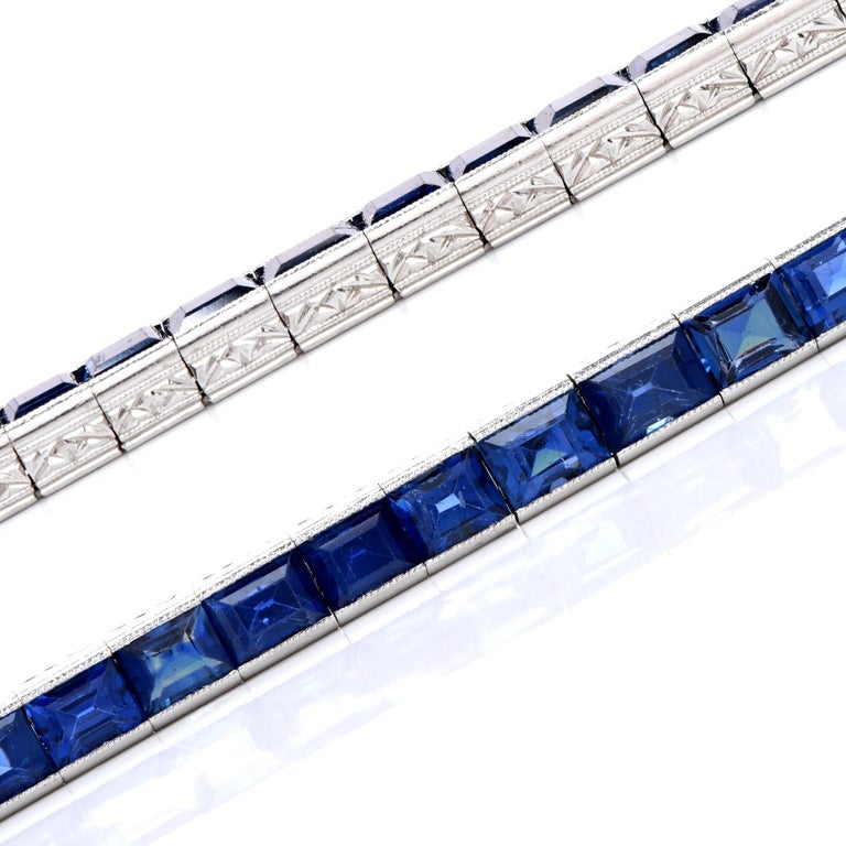 Emerald Cut Tiffany & Co Vintage GIA Sapphire No Heat Step Cut Platinum Tennis Line Bracelet