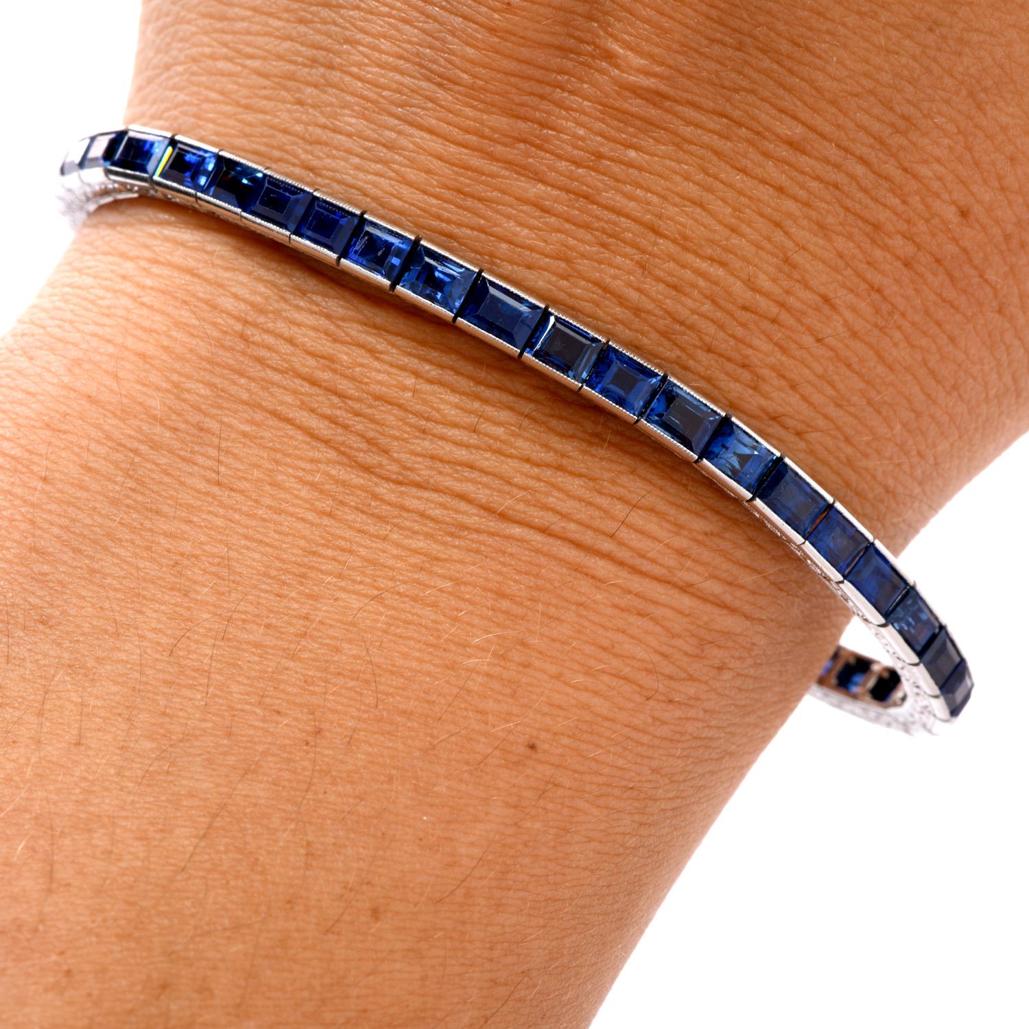 Platin-Tennisarmband mit GIA-zertifiziertem, unbehandeltem Saphir, Stufenschliff, Vintage Herren