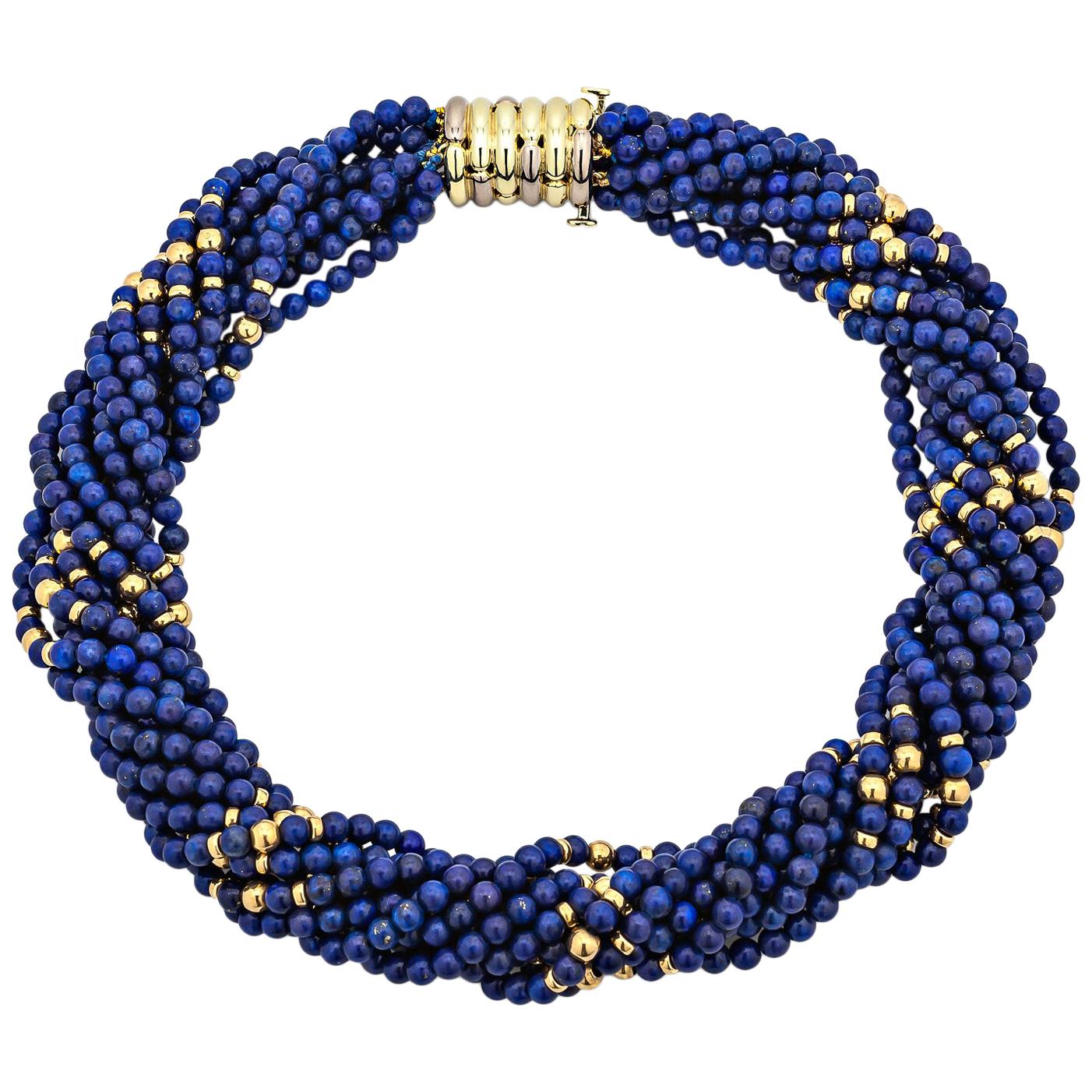 Tiffany & Co. Vintage Gold Blue Lapis Bead Choker Necklace