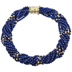 Tiffany & Co. Collier ras du cou en perles de Lapis bleu et or vintage