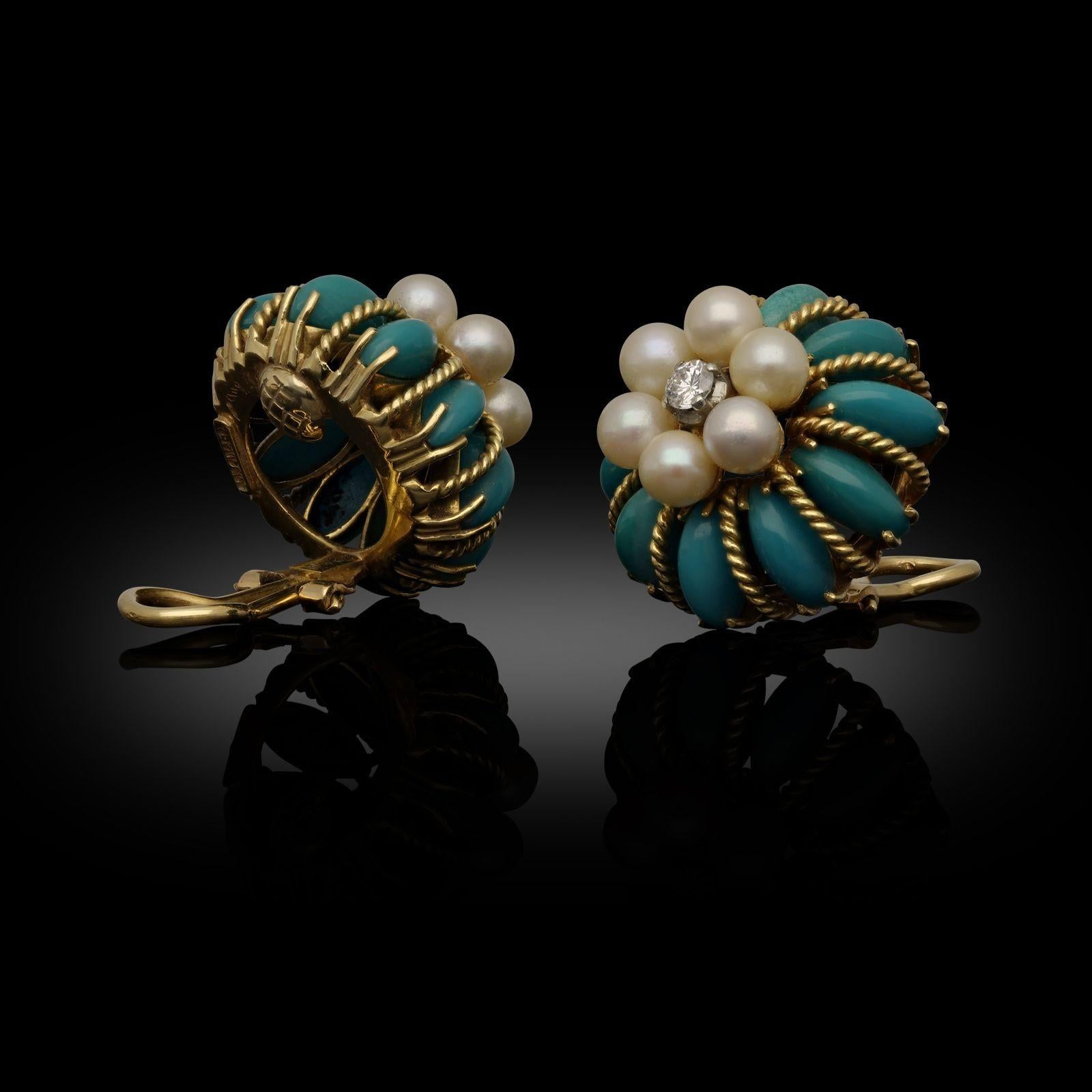A striking pair of vintage 18ct gold, turquoise and pearl ear clips by Tiffany & Co. circa 1960s, the earrings of circular domed design centred with a round brilliant cut diamond and round cream pearl cluster surrounded by a series of uniform