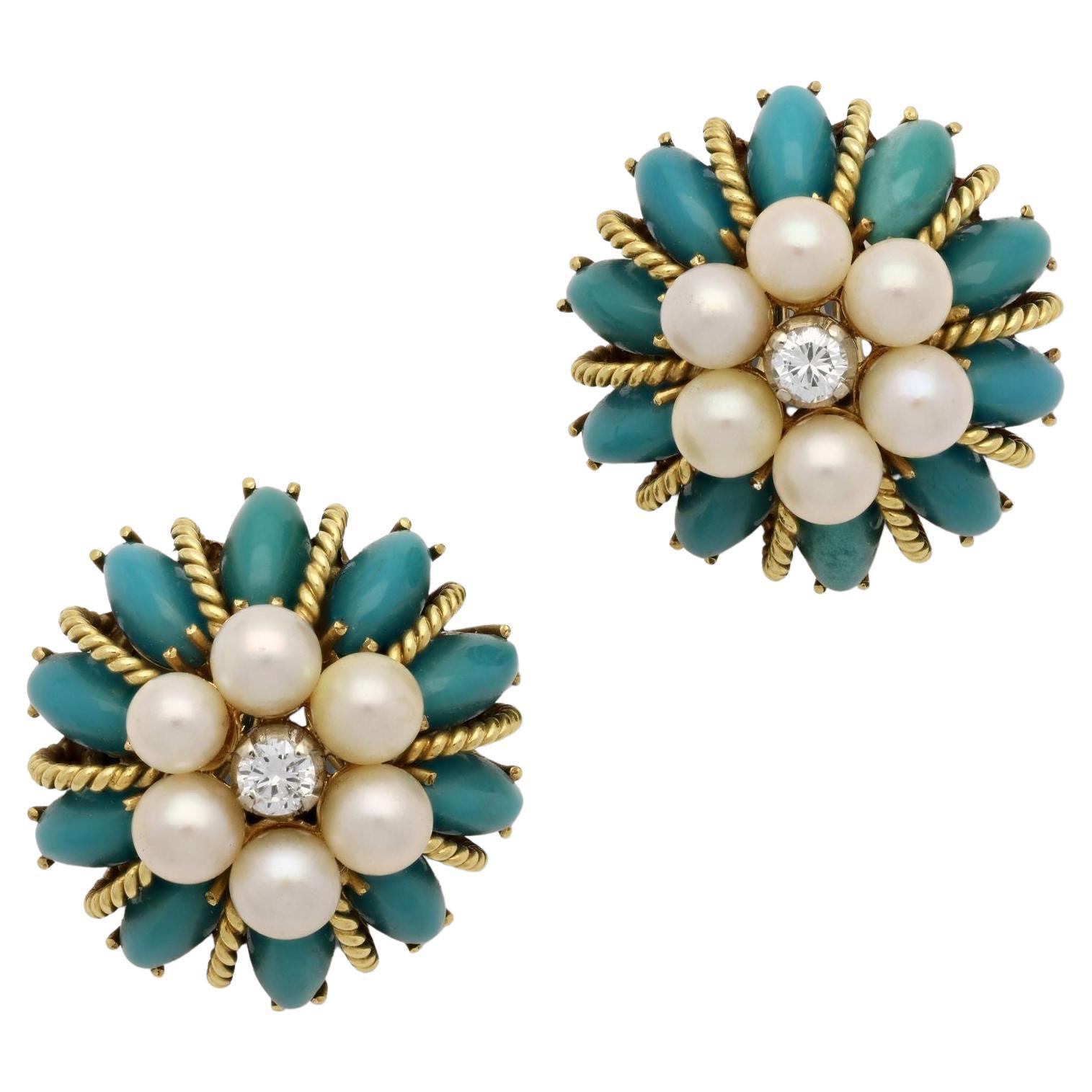 Tiffany & Co Vintage Gold, Turquoise, Pearl And Diamond Ear Clips Circa 1960