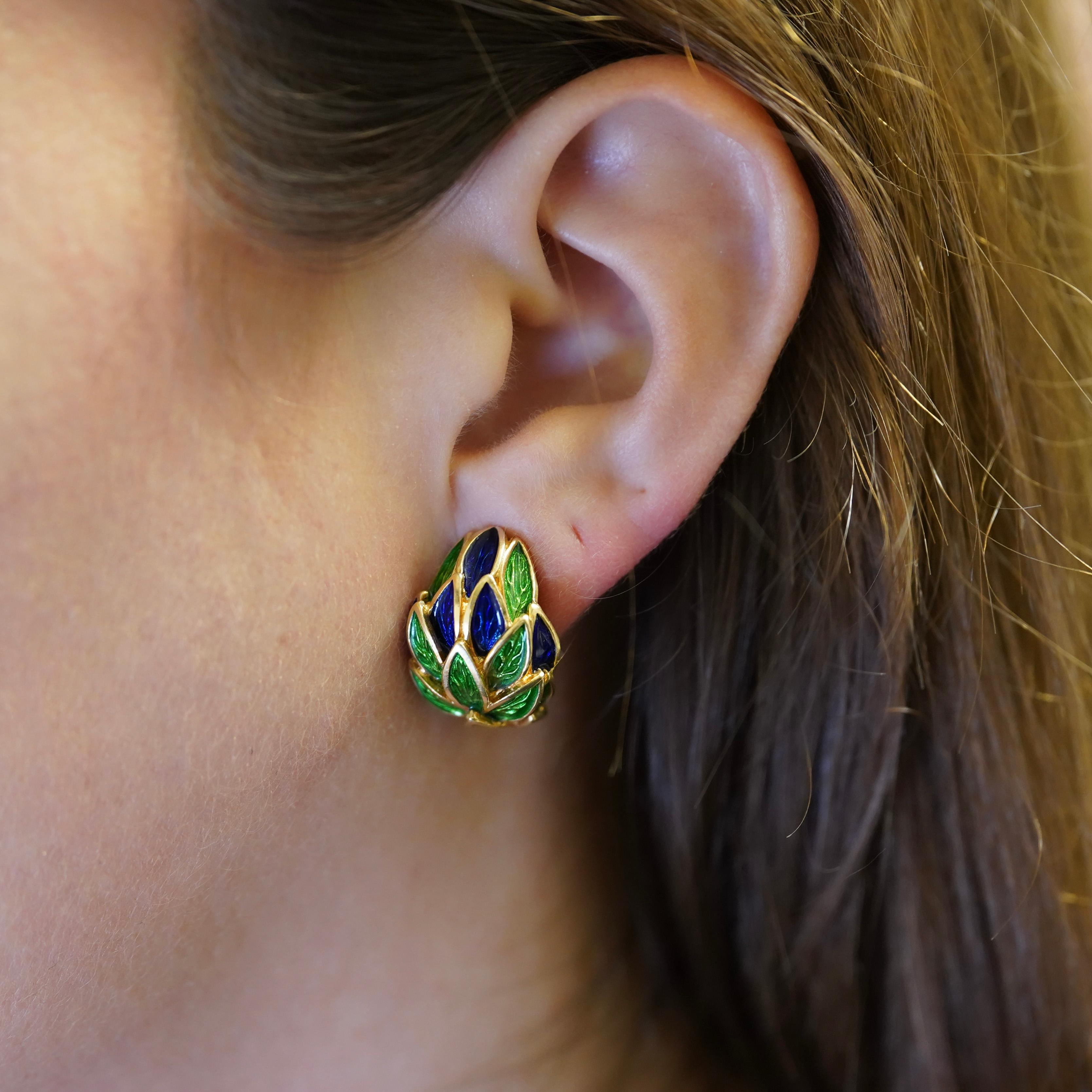 Tiffany & Co. Vintage Green and Blue Enamel 18K Gold Clip-On Earrings For Sale 2