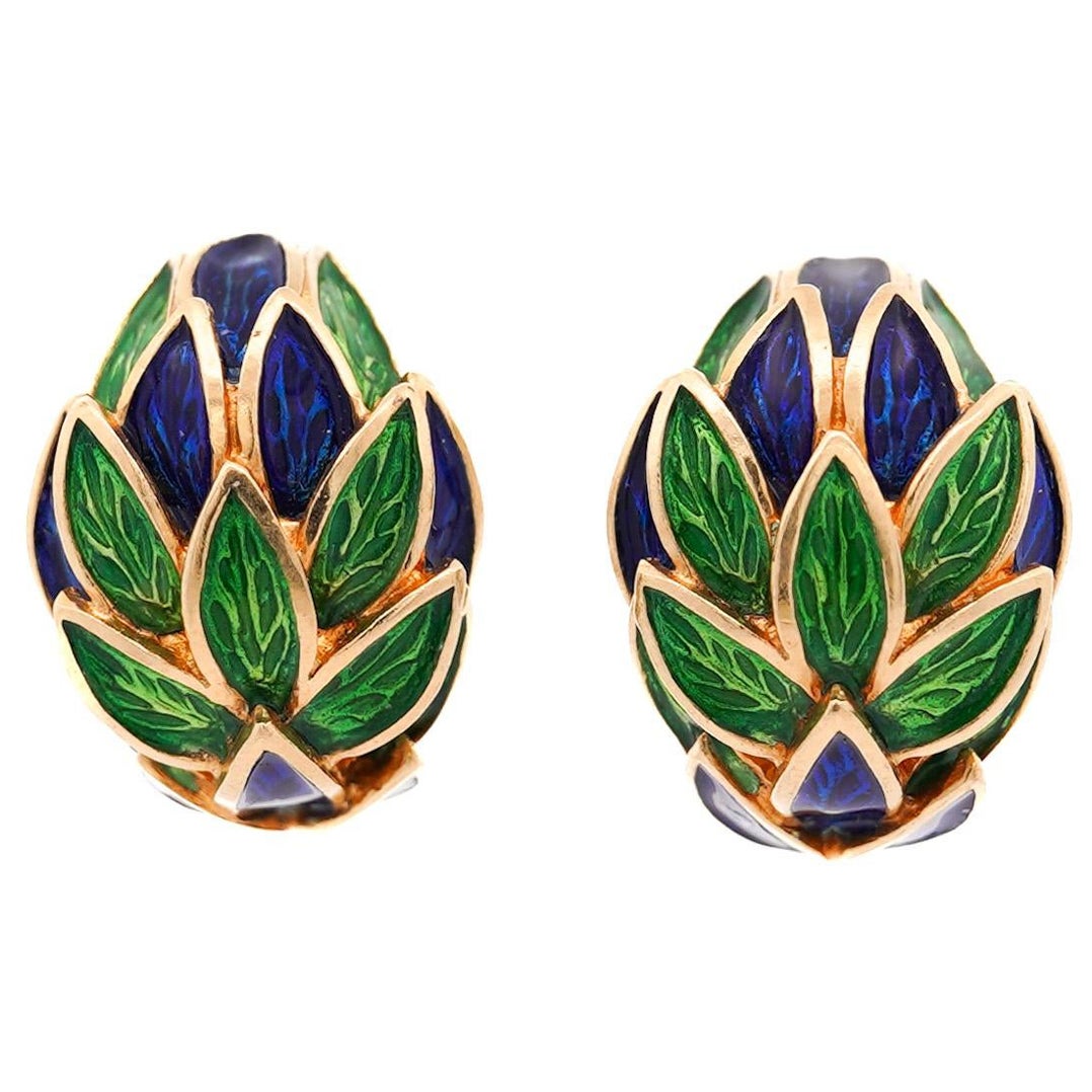 Tiffany & Co. Vintage Grün und Blau Emaille 18K Gold Clip-On Ohrringe