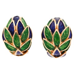 Tiffany & Co. Vintage Green and Blue Enamel 18K Gold Clip-On Earrings