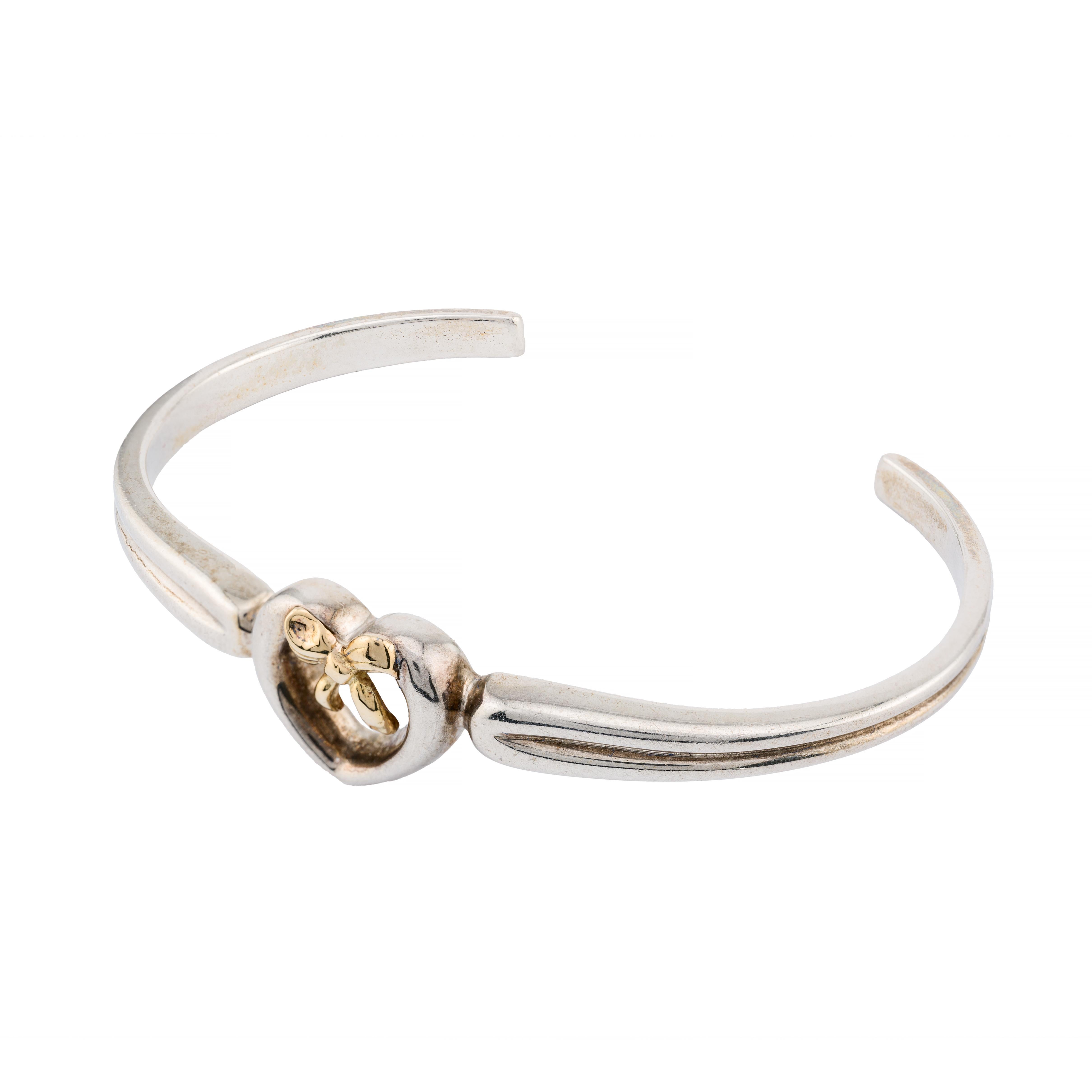 Retro Tiffany & Co Vintage Heart, Bow Motif 18 Karat Gold, Sterling Silver Cuff For Sale