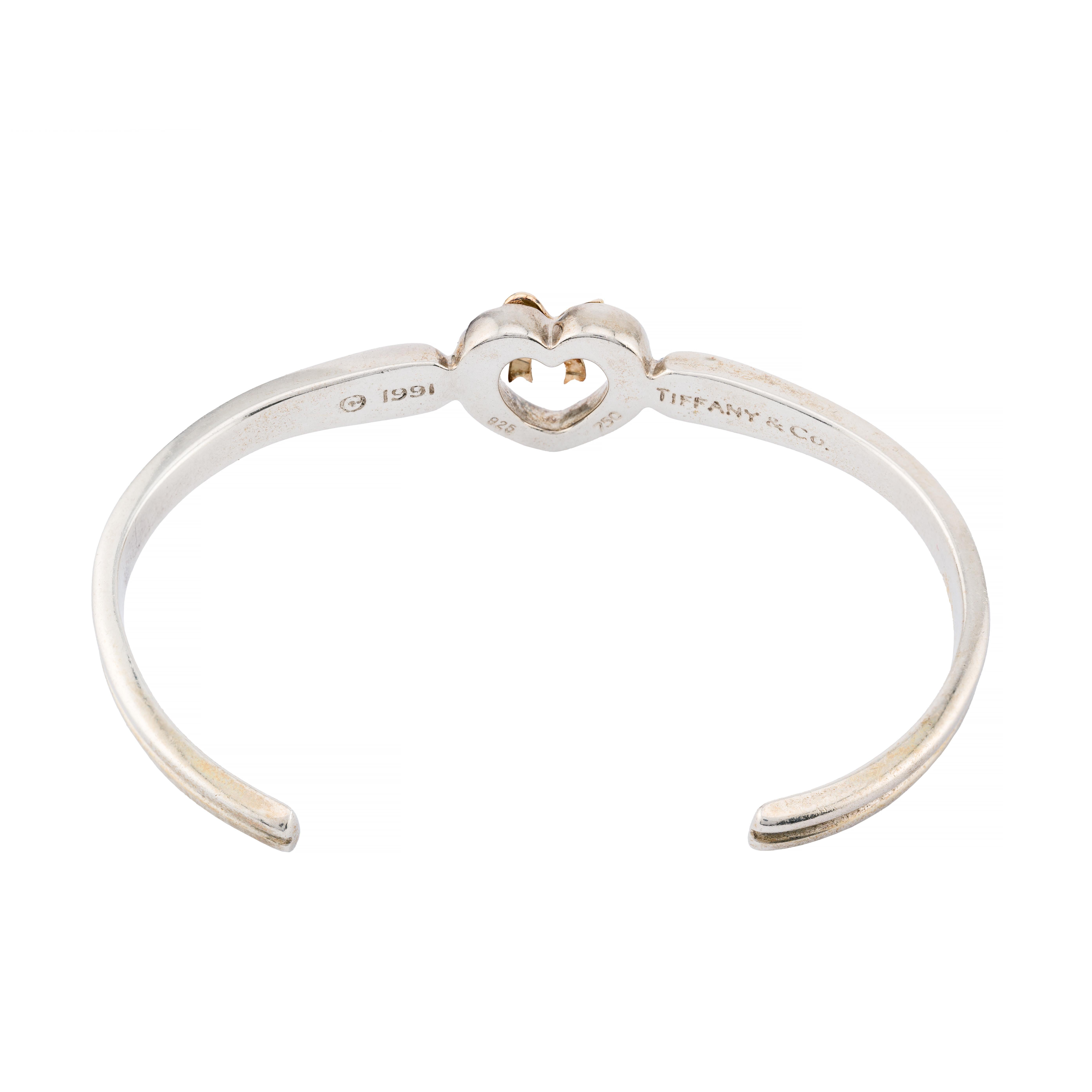 Women's Tiffany & Co Vintage Heart, Bow Motif 18 Karat Gold, Sterling Silver Cuff For Sale