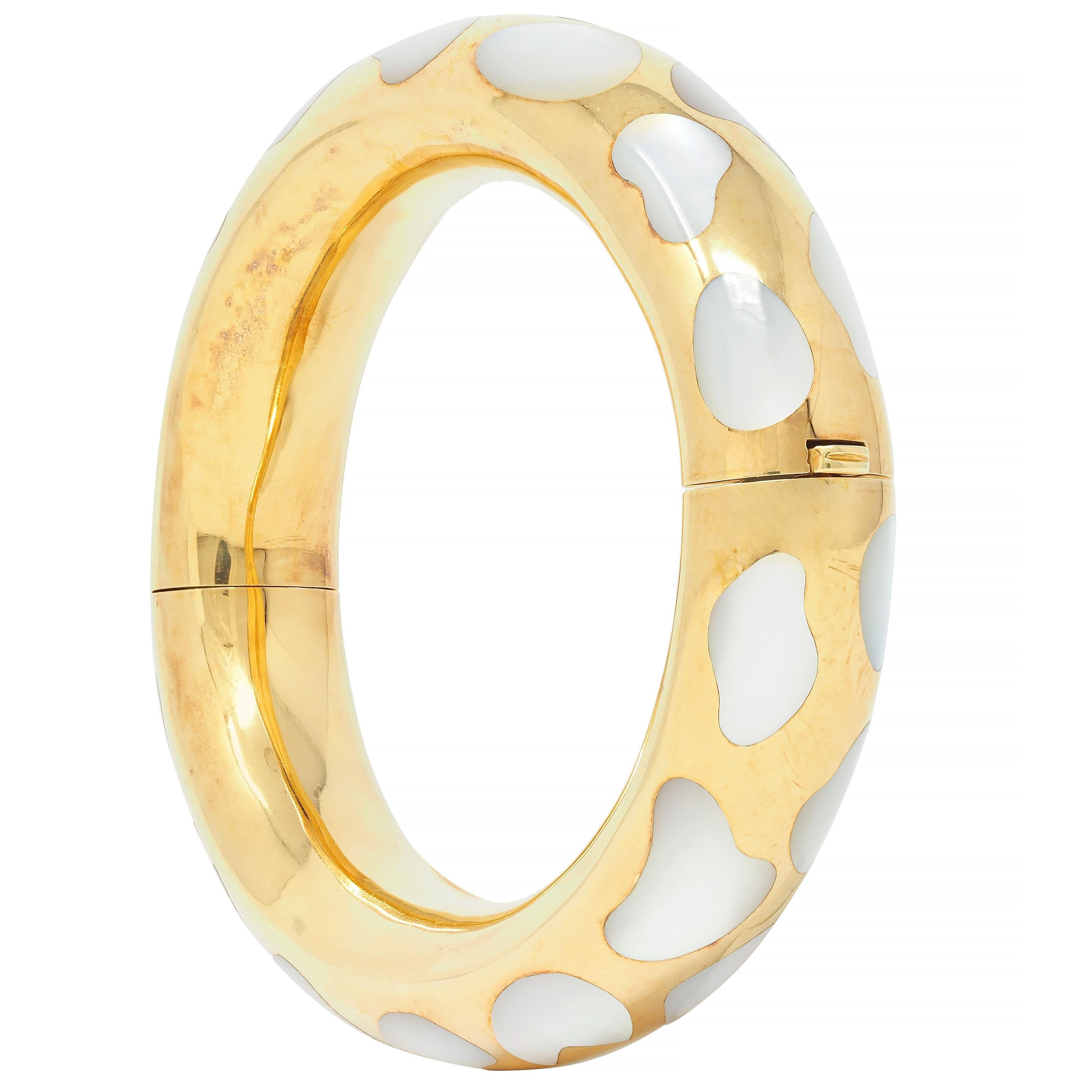Rough Cut Tiffany & Co. Vintage Mother-Of-Pearl 18 Karat Yellow Gold Inlay Bangle Bracelet For Sale