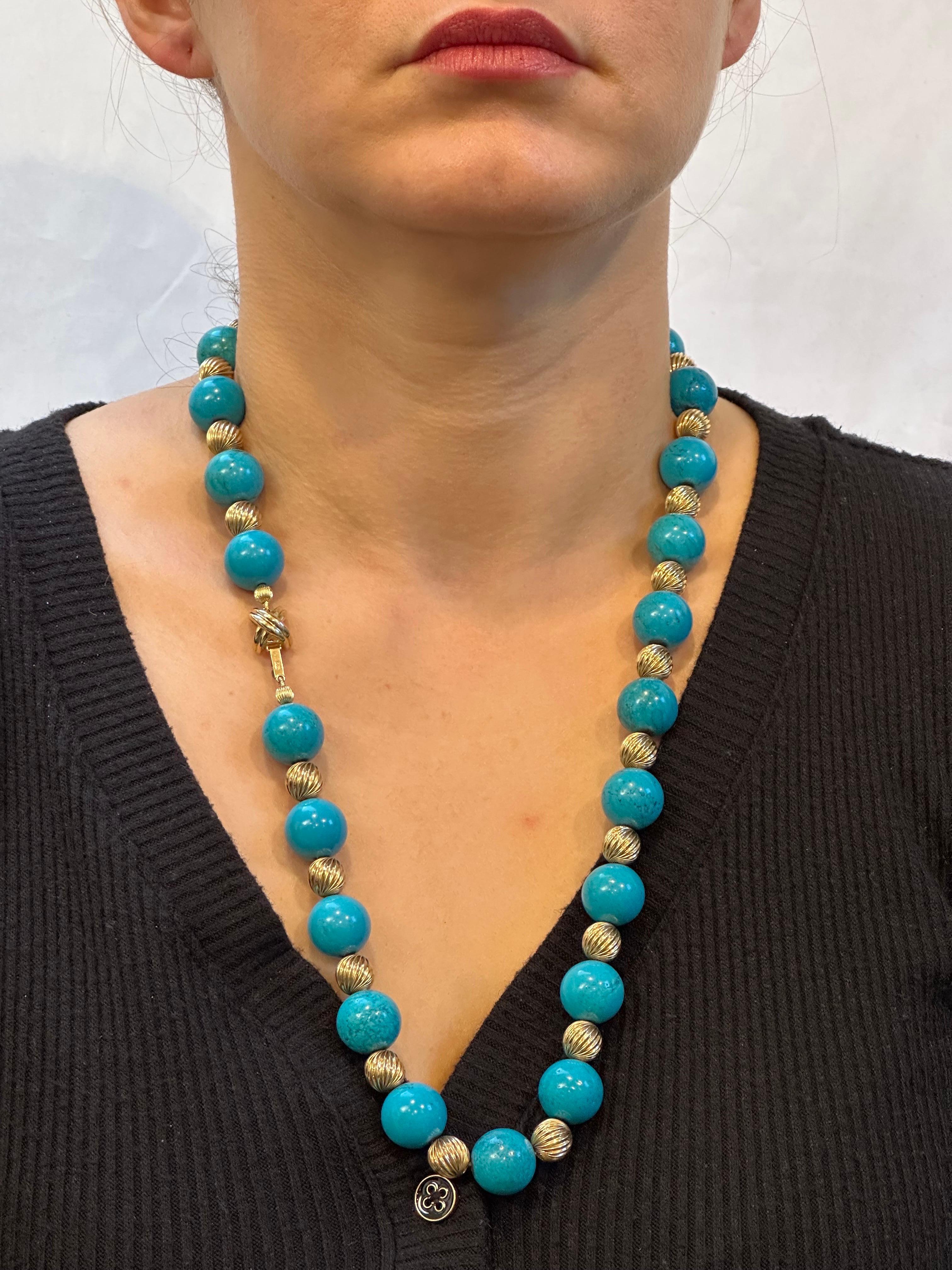 Tiffany & Co. Collier Vintage en Turquoise Naturelle et Perles d'Or Jaune avec Fermoir en X en vente 5