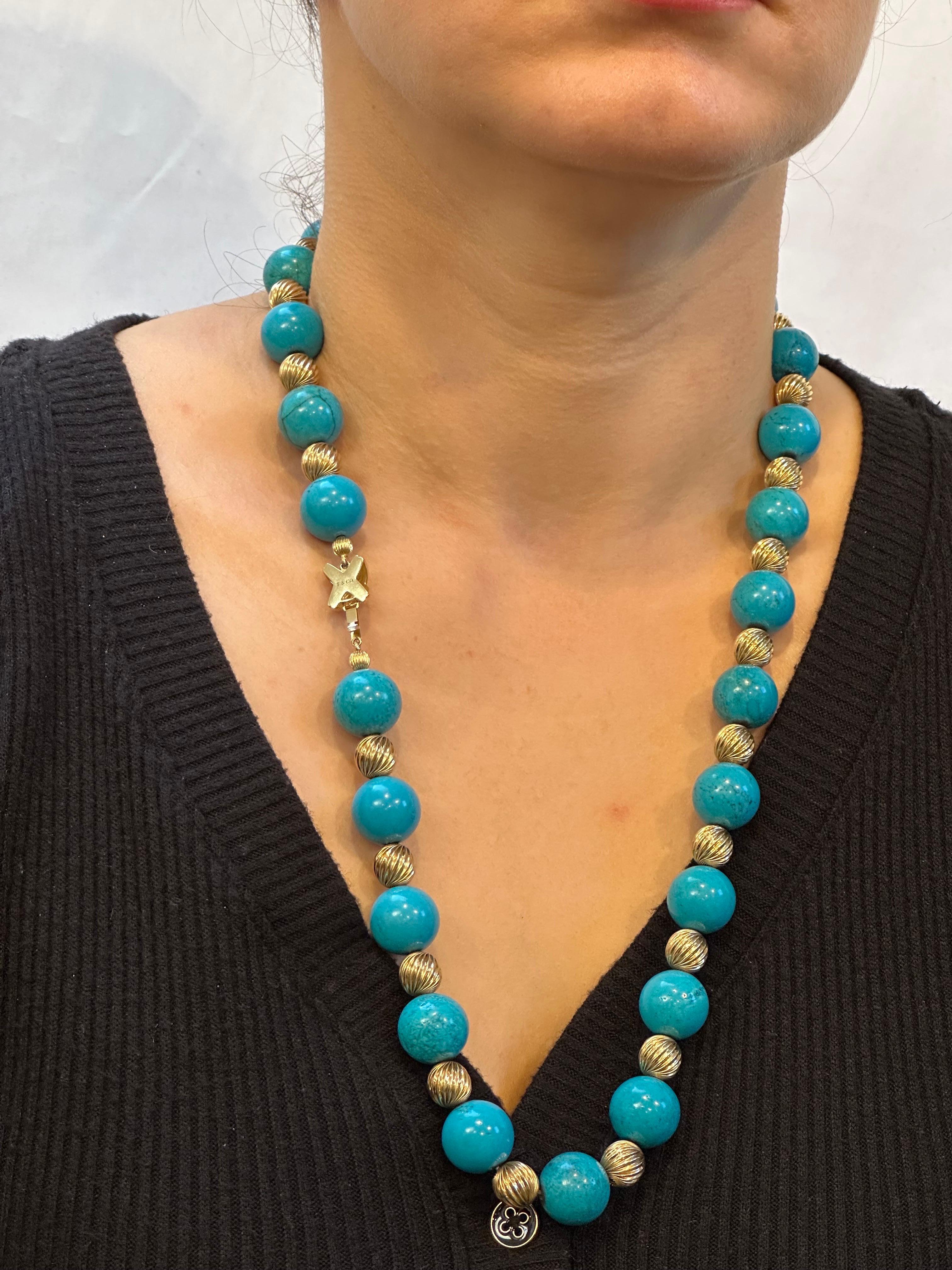 Tiffany & Co. Vintage Natural Turquoise & Yellow Gold Bead Necklace X Clasp For Sale 4