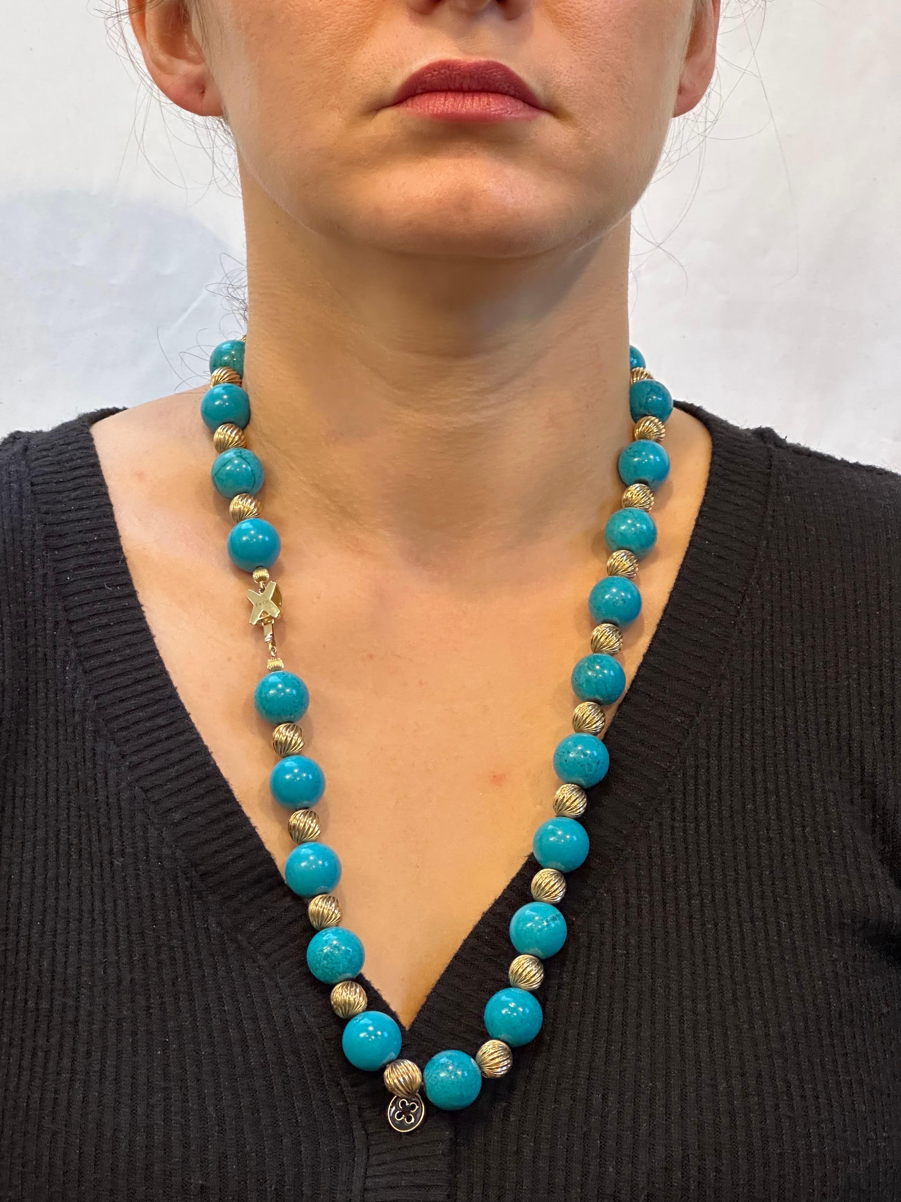 Tiffany & Co. Collier Vintage en Turquoise Naturelle et Perles d'Or Jaune avec Fermoir en X en vente 7