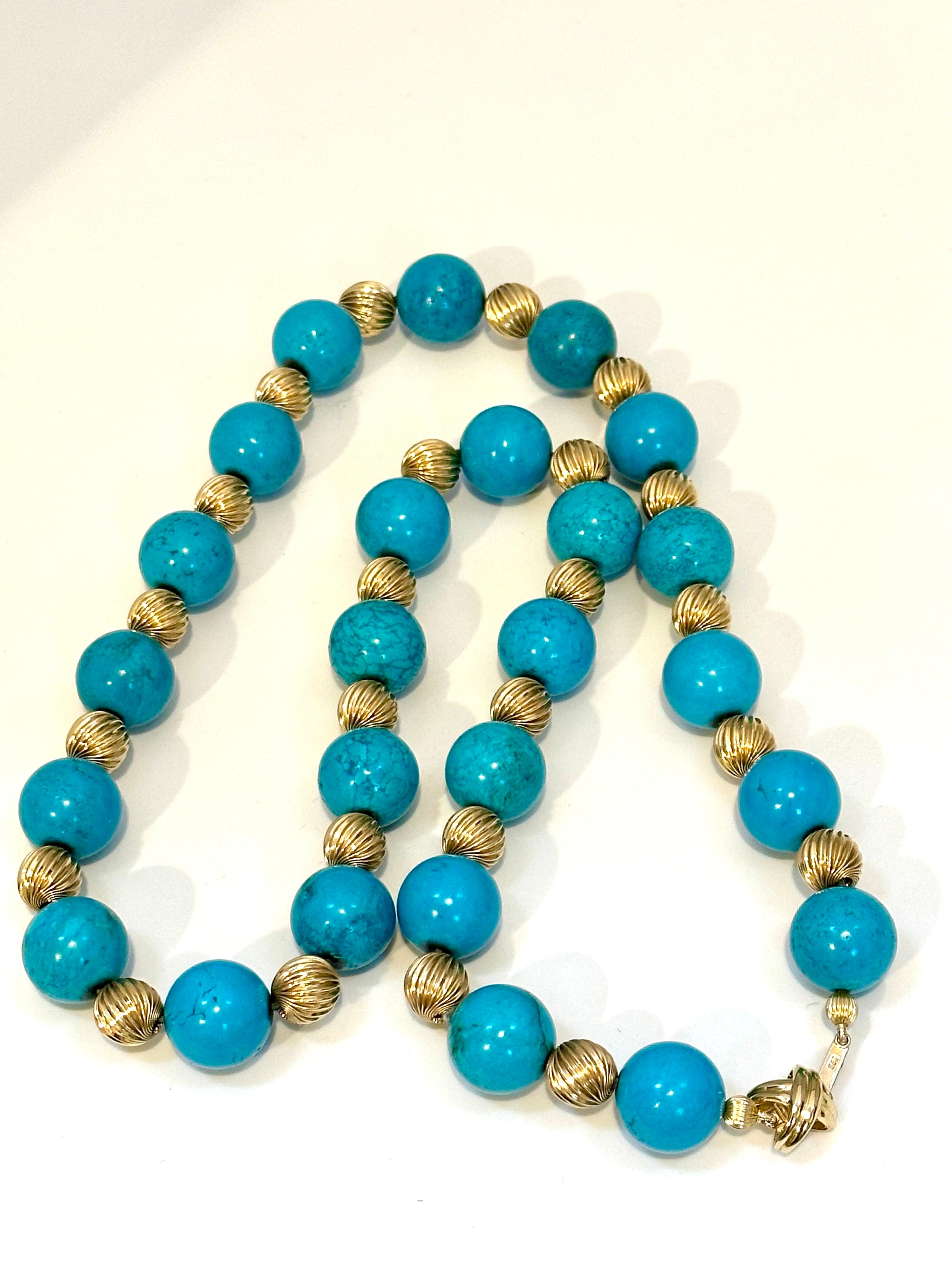 Tiffany & Co. Vintage Natural Turquoise & Yellow Gold Bead Necklace X Clasp For Sale 6