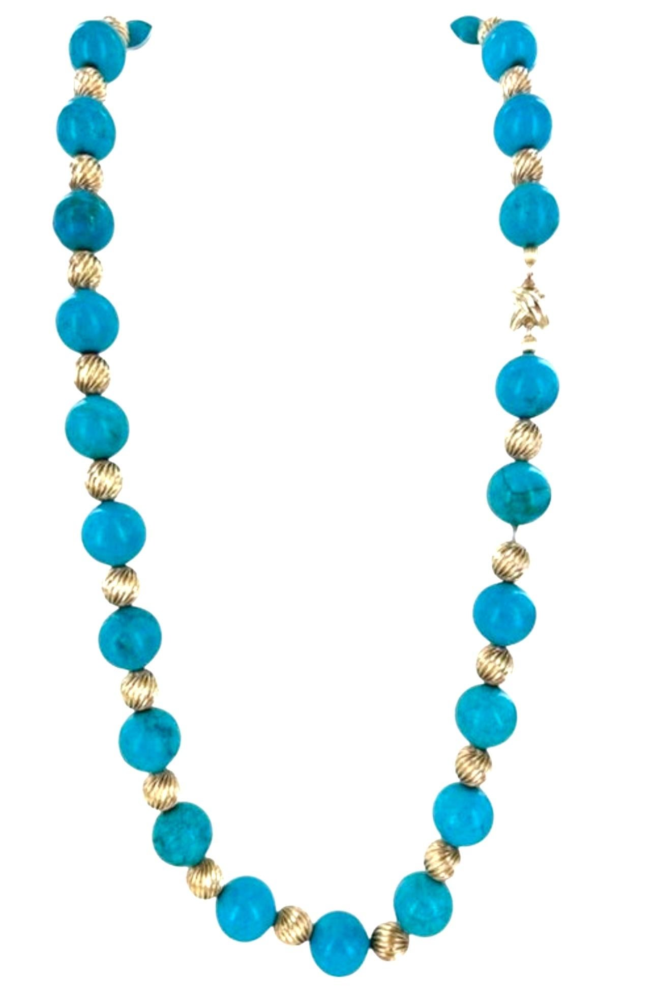 Tiffany & Co. Collier Vintage en Turquoise Naturelle et Perles d'Or Jaune avec Fermoir en X en vente 11