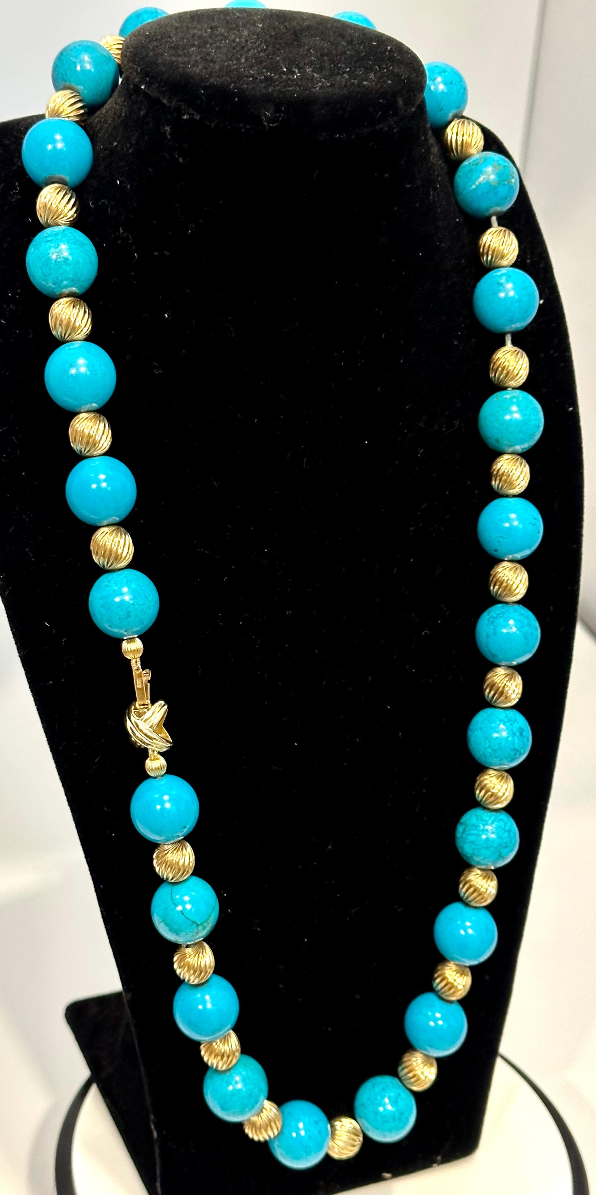 
Signed Tiffany & Co. Vintage Natural Turquoise & Yellow Gold  Bead Necklace 26 