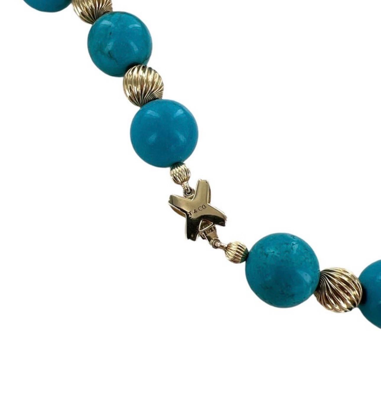 Tiffany & Co. Collier Vintage en Turquoise Naturelle et Perles d'Or Jaune avec Fermoir en X Pour femmes en vente