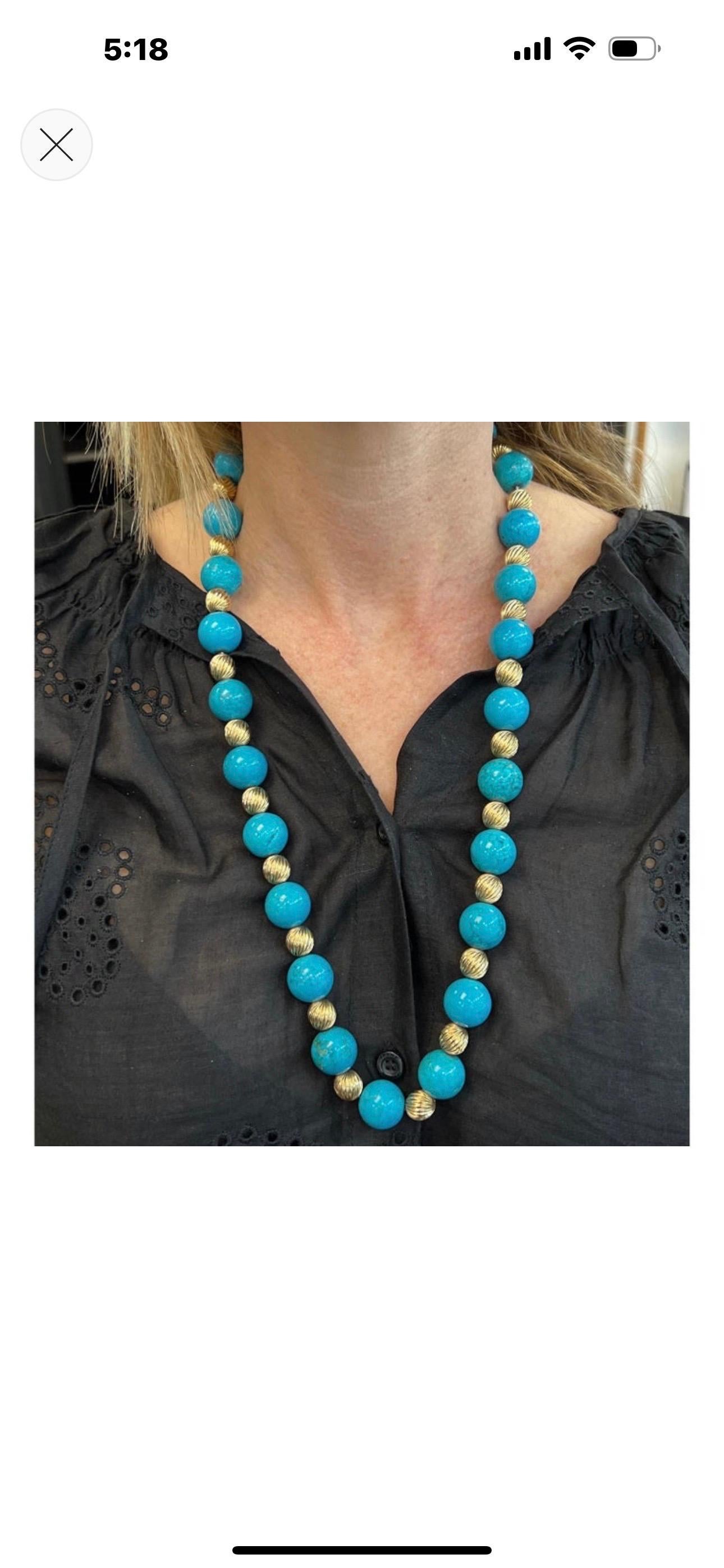 Tiffany & Co. Vintage Natural Turquoise & Yellow Gold Bead Necklace X Clasp In Excellent Condition For Sale In New York, NY
