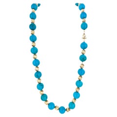 Tiffany & Co. Collier Vintage en Turquoise Naturelle et Perles d'Or Jaune avec Fermoir en X