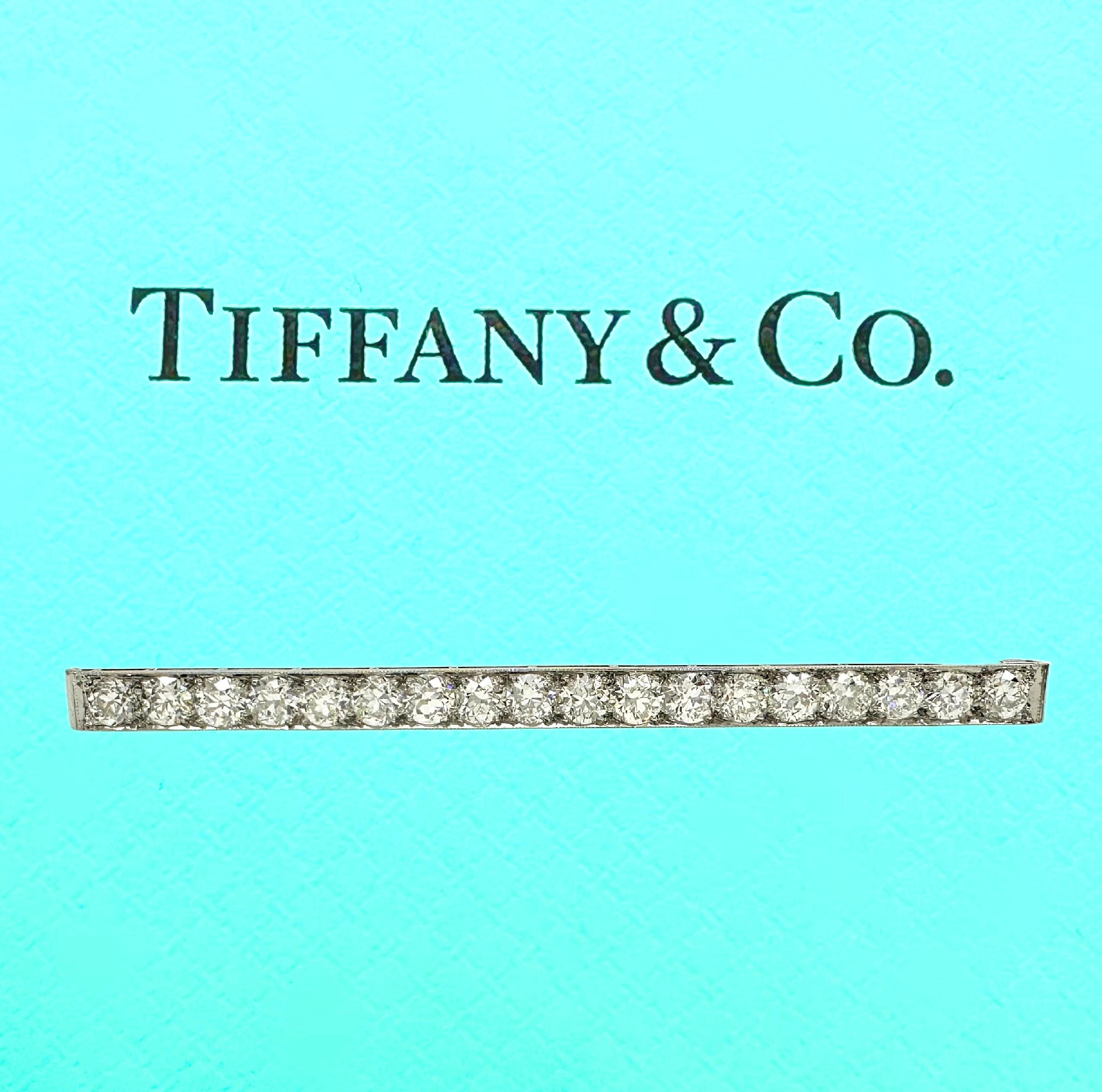 Tiffany & Co.
Style: Vintage Pin / Brooch
Metal: Platinum & 18K Yellow Gold
Diamond Shape: Old European Cut
Diamond Color / Clarity: F-G / VS1-VS2
Total Carat Weight: 4.60 TCW
Dimensions: 3 Inches by  3.80 - 4.00  mmx 2.40 mm
Hallmark: