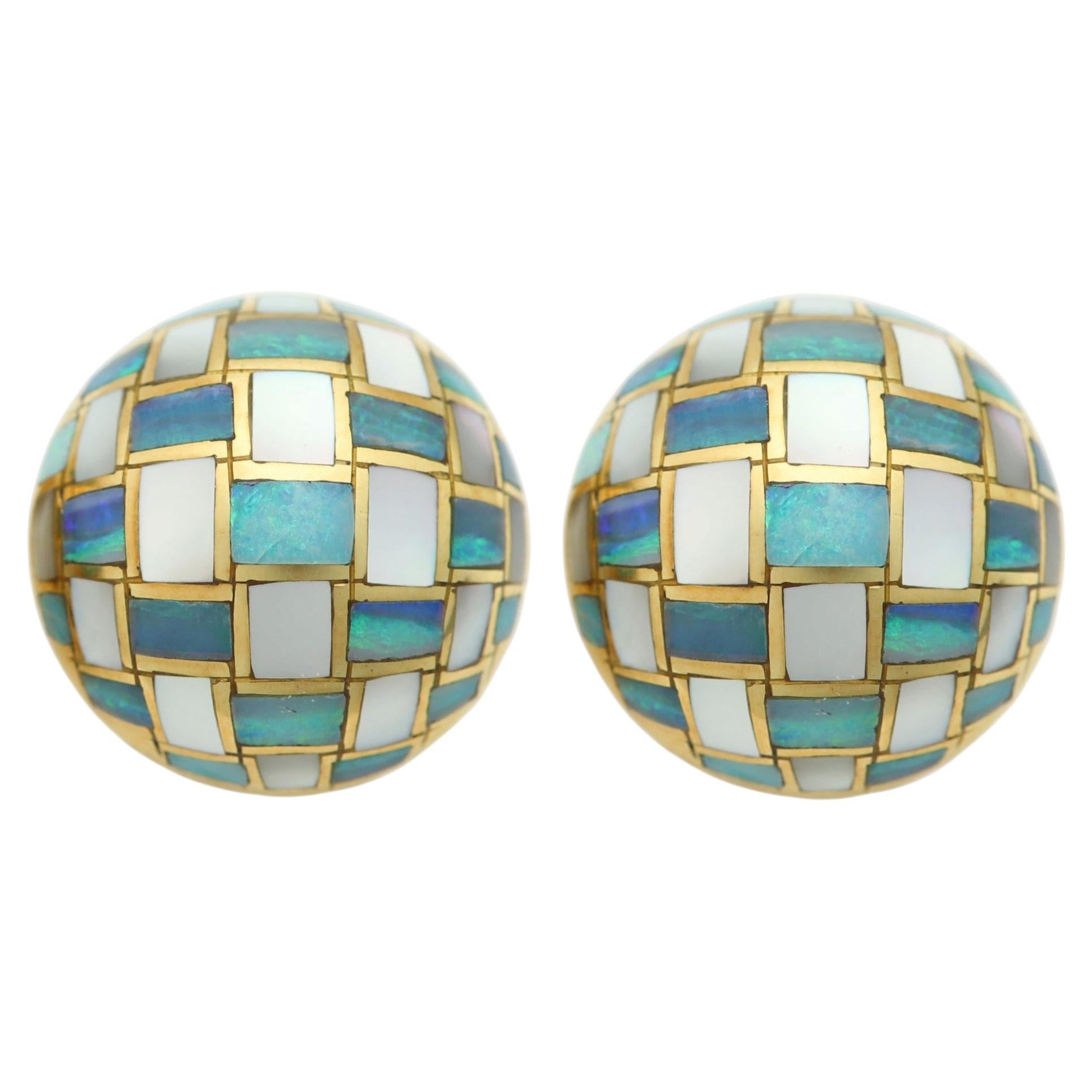 Tiffany & Co Vintage Pearl & Opal Inlay Mosaic Earring Clips Dome Checkerboard